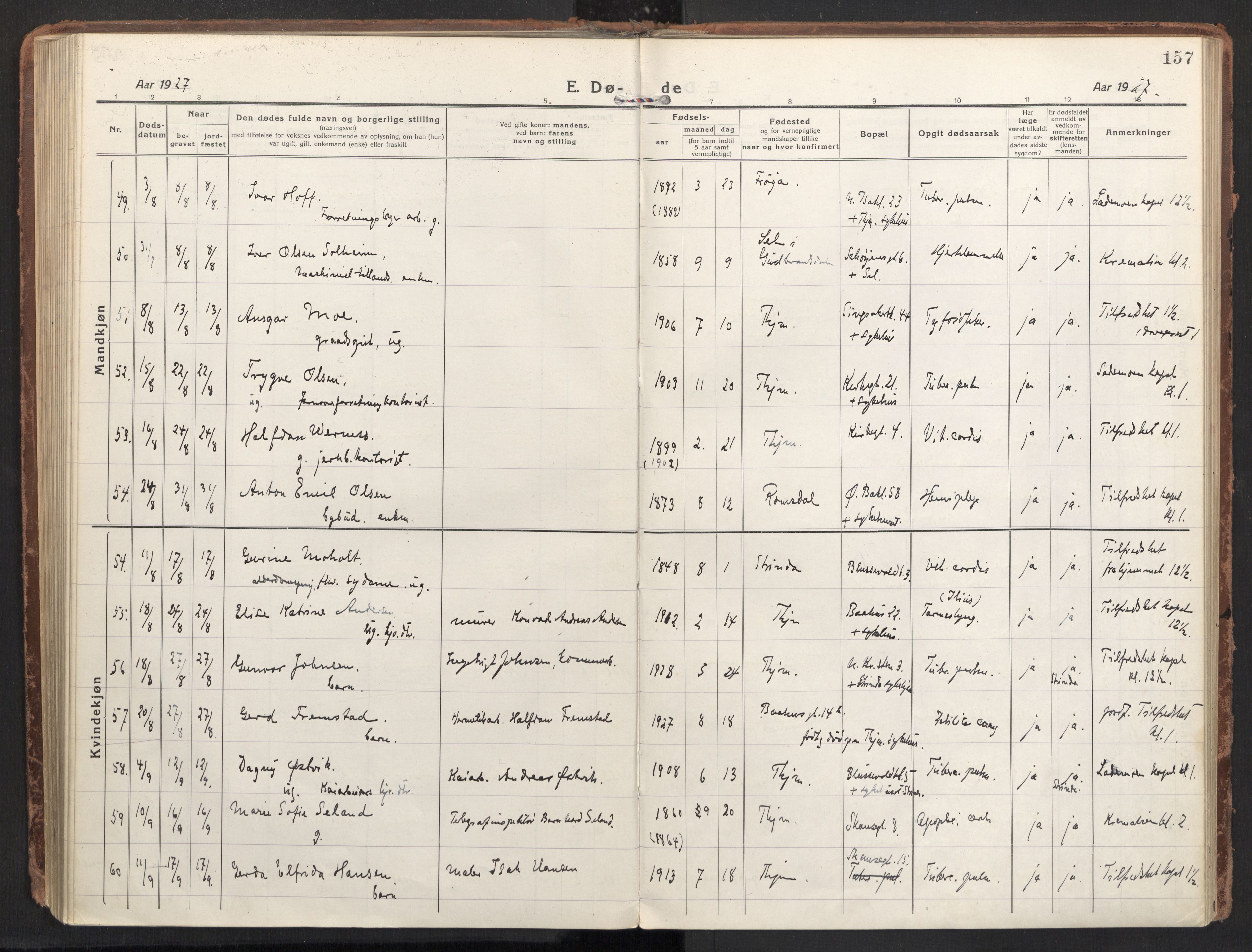 Ministerialprotokoller, klokkerbøker og fødselsregistre - Sør-Trøndelag, AV/SAT-A-1456/604/L0207: Parish register (official) no. 604A27, 1917-1933, p. 157