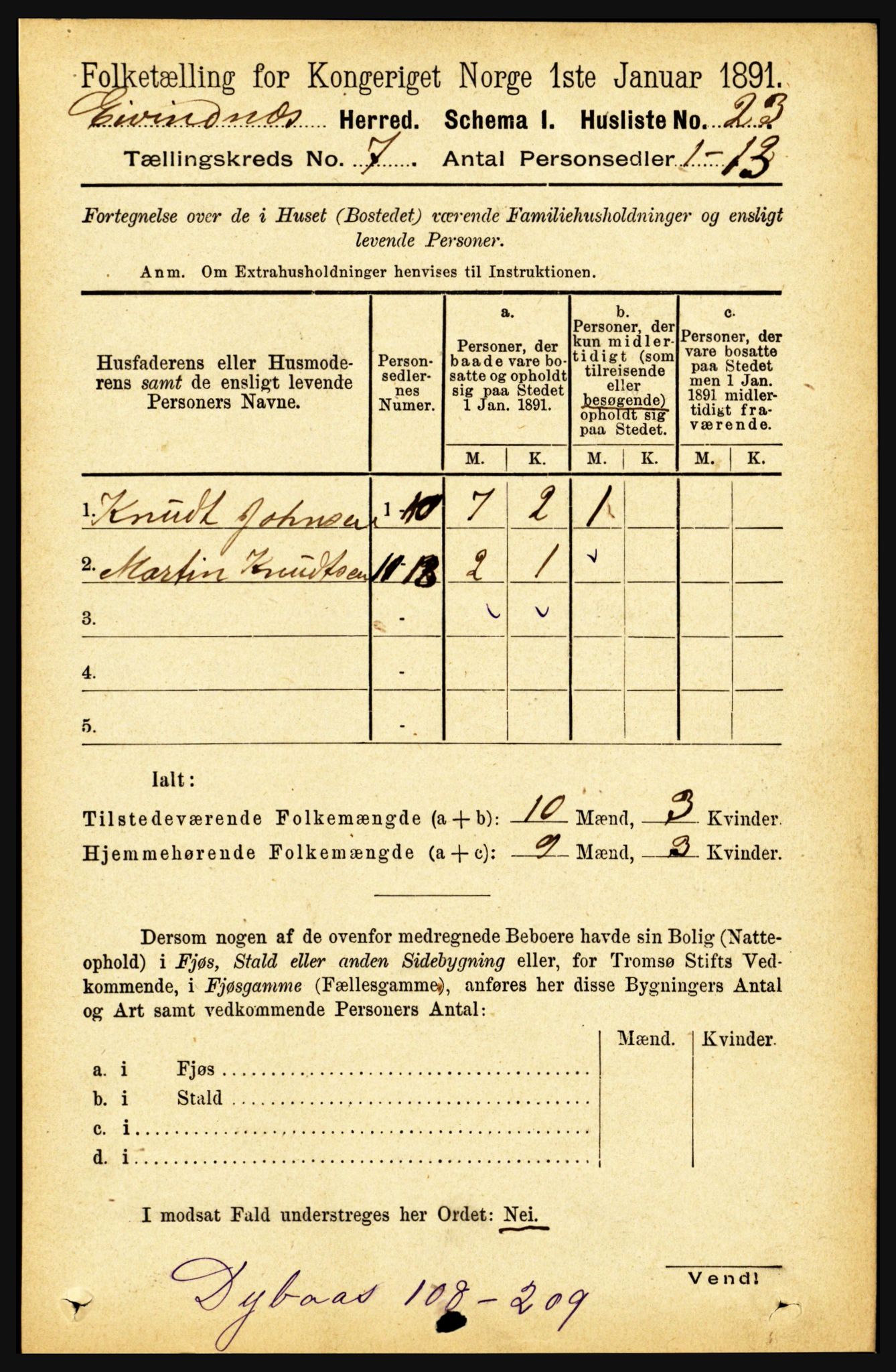 RA, 1891 census for 1853 Evenes, 1891, p. 2144