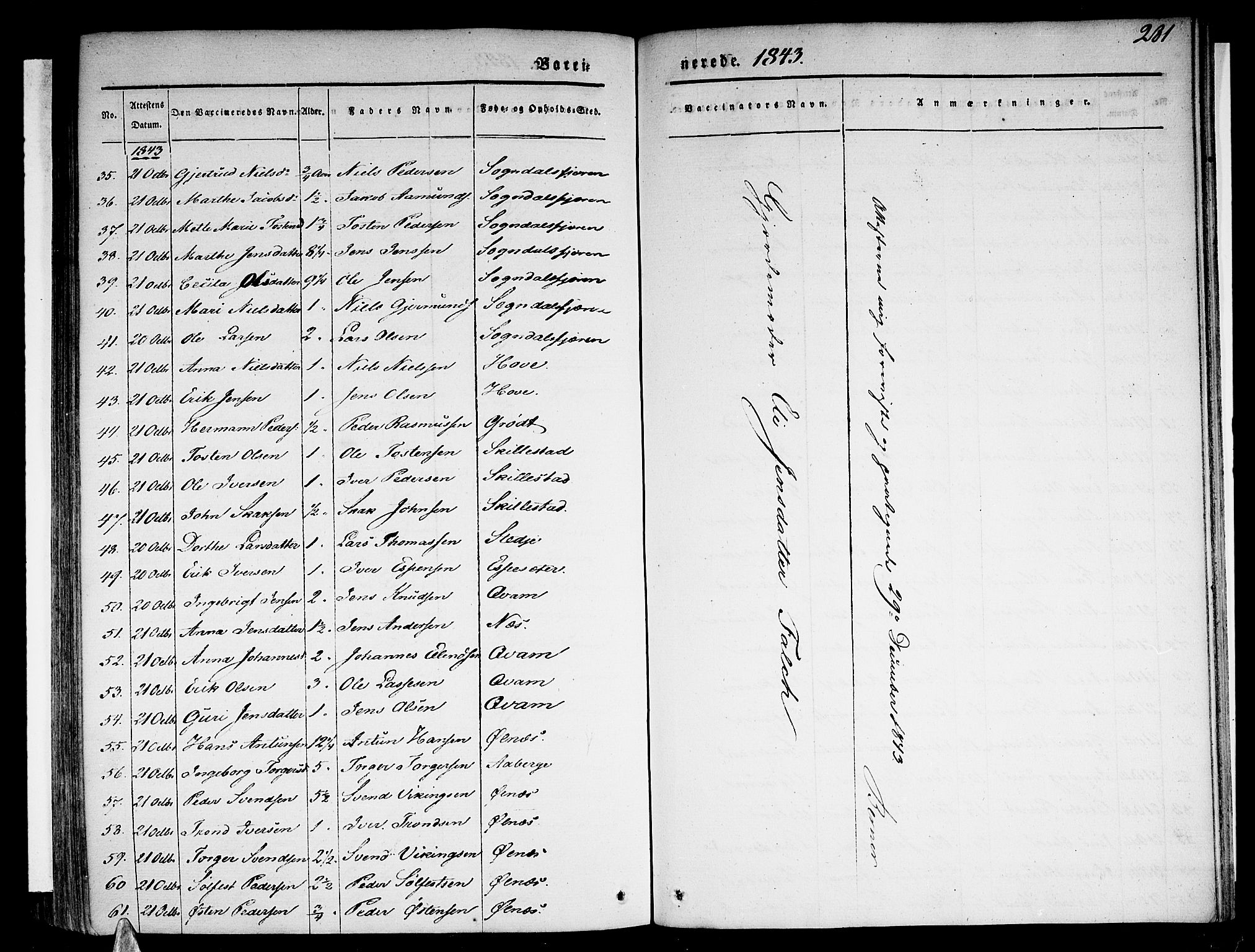 Sogndal sokneprestembete, AV/SAB-A-81301/H/Haa/Haaa/L0011: Parish register (official) no. A 11, 1839-1847, p. 281