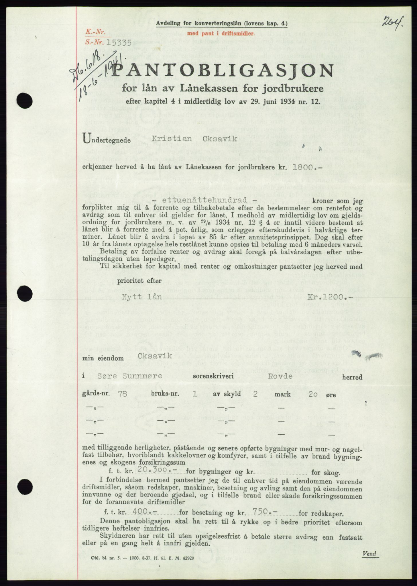 Søre Sunnmøre sorenskriveri, AV/SAT-A-4122/1/2/2C/L0071: Mortgage book no. 65, 1941-1941, Diary no: : 618/1941