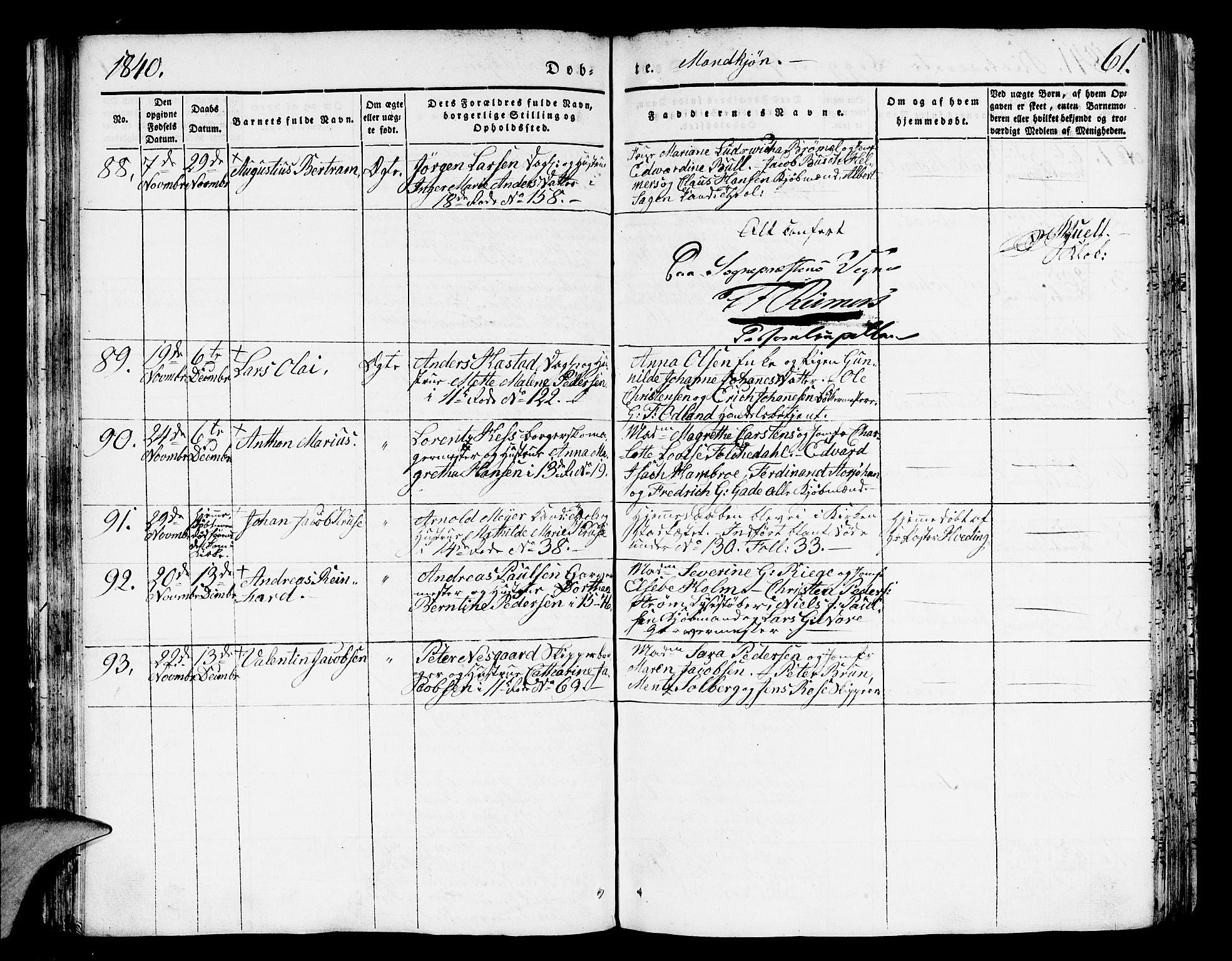 Domkirken sokneprestembete, SAB/A-74801/H/Hab/L0008: Parish register (copy) no. B 1, 1836-1841, p. 61