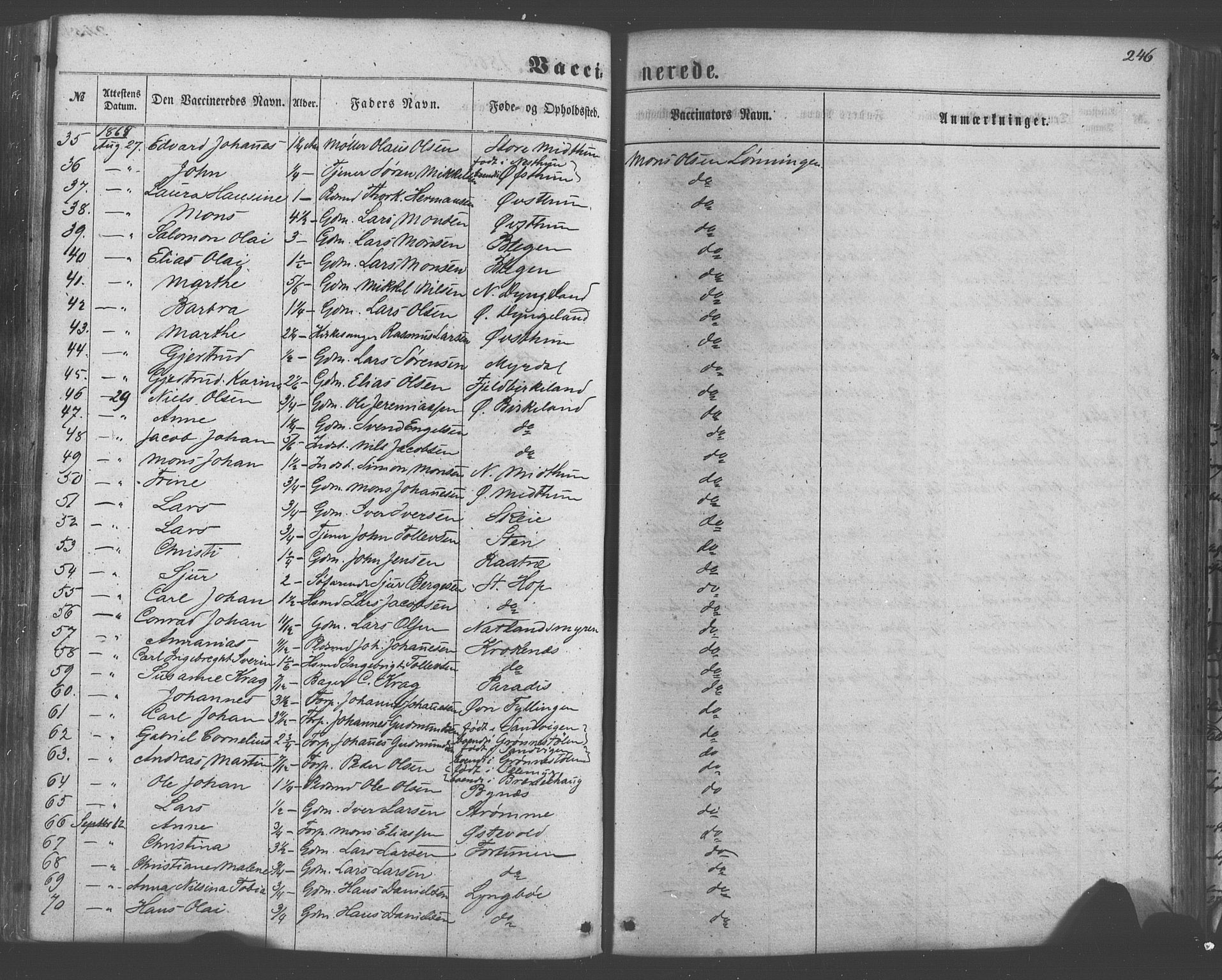 Fana Sokneprestembete, AV/SAB-A-75101/H/Haa/Haaa/L0012: Parish register (official) no. A 12, 1862-1878, p. 246