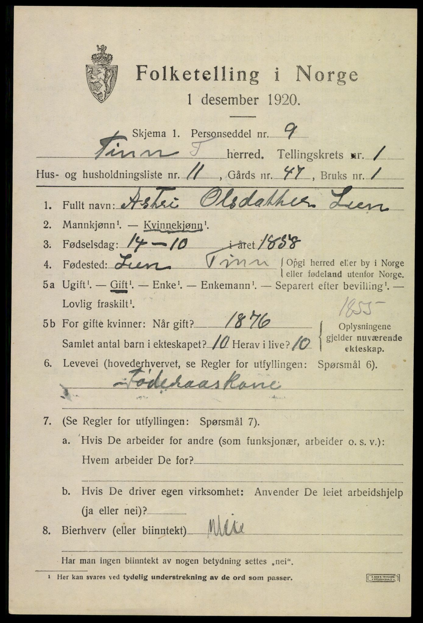 SAKO, 1920 census for Tinn, 1920, p. 2832