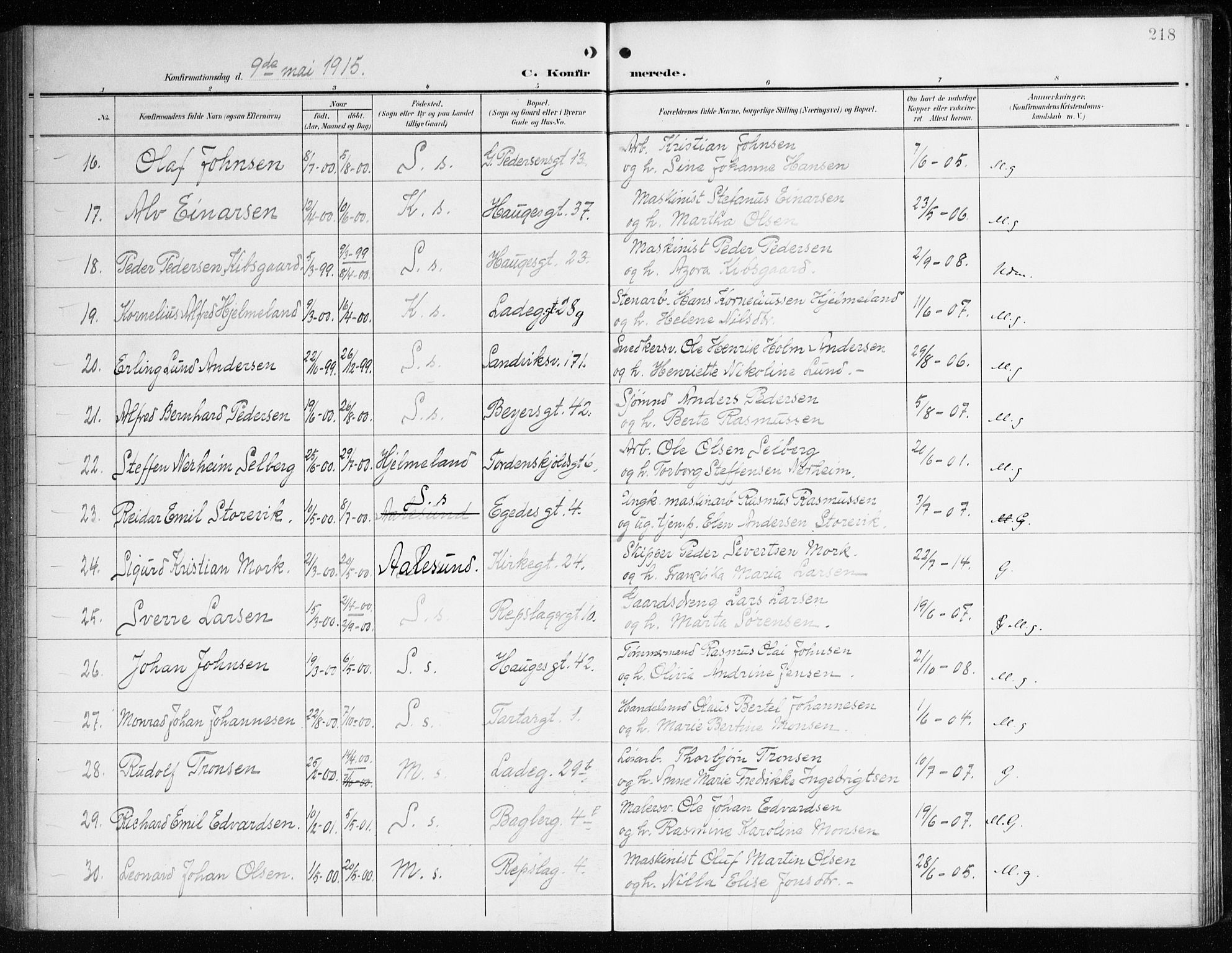 Sandviken Sokneprestembete, SAB/A-77601/H/Ha/L0011: Parish register (official) no. C 2, 1905-1918, p. 218