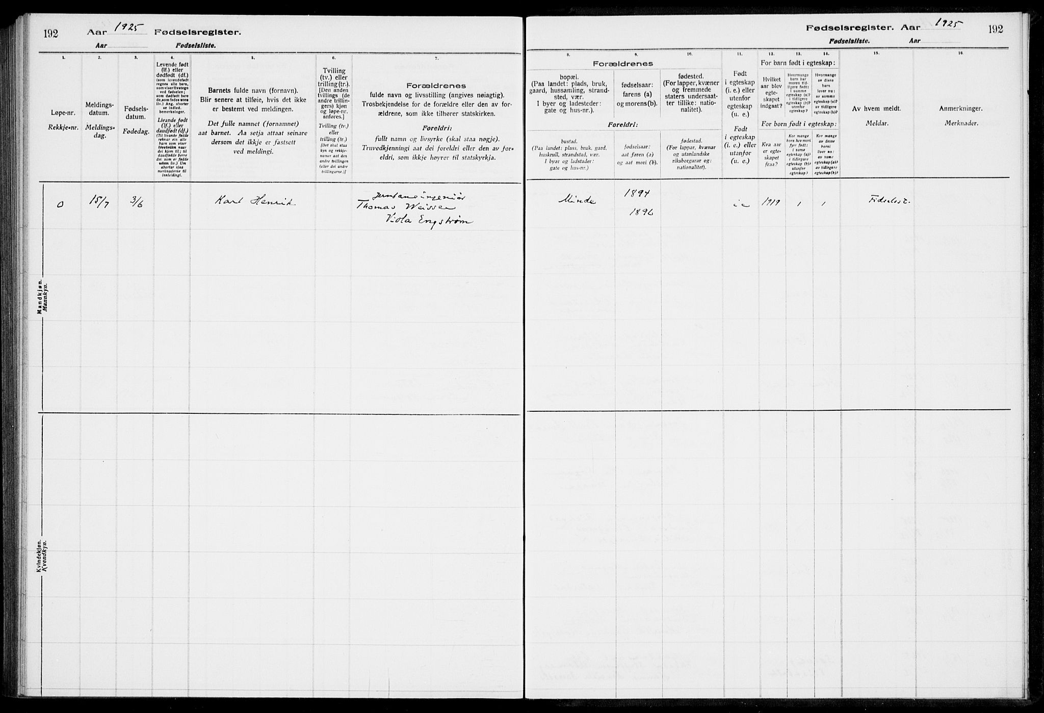 Birkeland Sokneprestembete, AV/SAB-A-74601/I/Id/L00A1: Birth register no. A 1, 1916-1926, p. 192