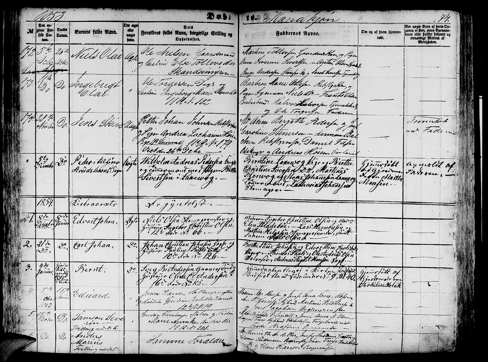 Domkirken sokneprestembete, SAB/A-74801/H/Hab/L0010: Parish register (copy) no. B 3, 1849-1856, p. 74