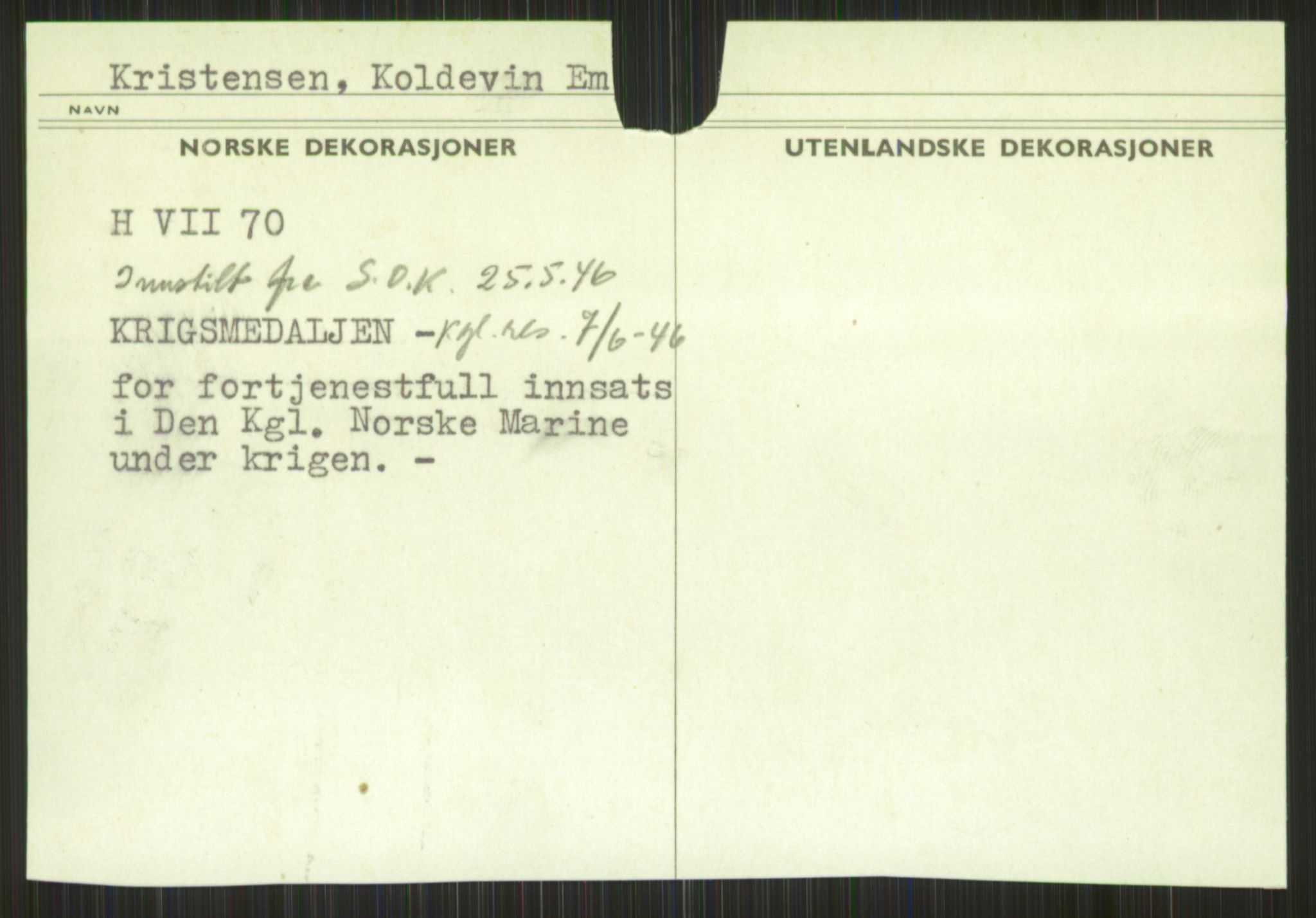 Forsvaret, Krigsdekorasjonskanselliet, RA/RAFA-5156/G/Gb/Gbb/Gbba/L0003: Kristensen - Person, 1944-1956