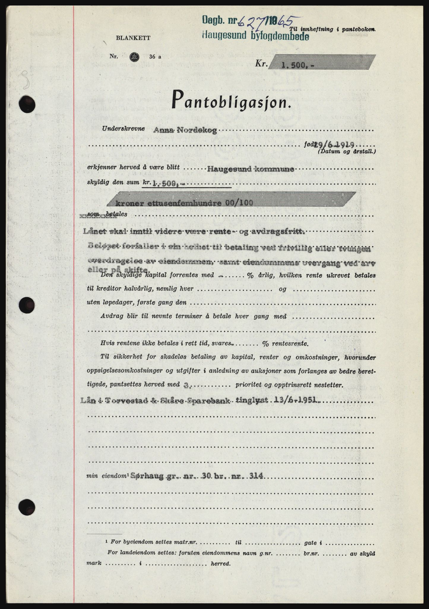 Haugesund tingrett, SAST/A-101415/01/II/IIC/L0053: Mortgage book no. B 53, 1965-1965, Diary no: : 627/1965