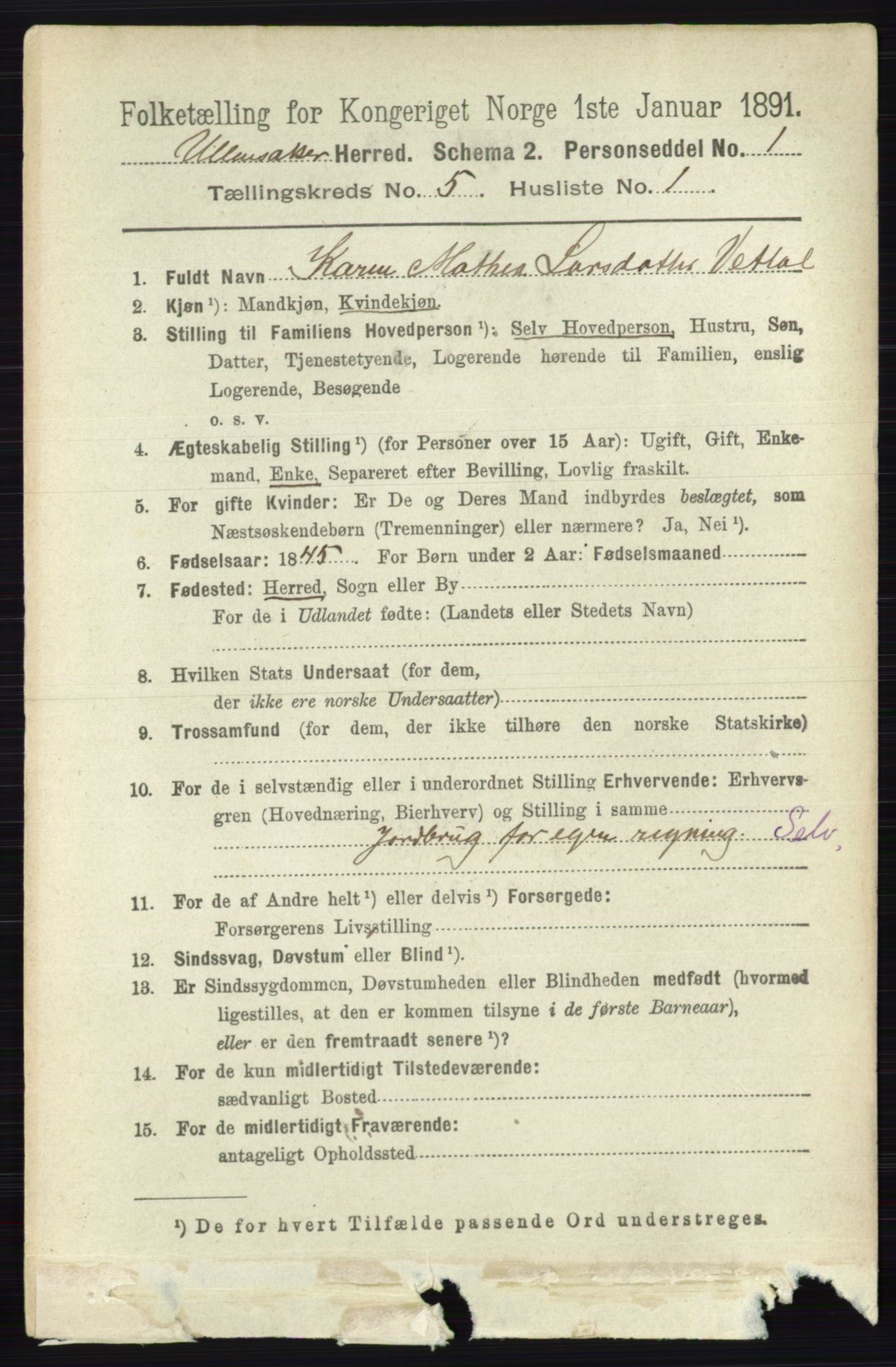 RA, 1891 census for 0235 Ullensaker, 1891, p. 2096