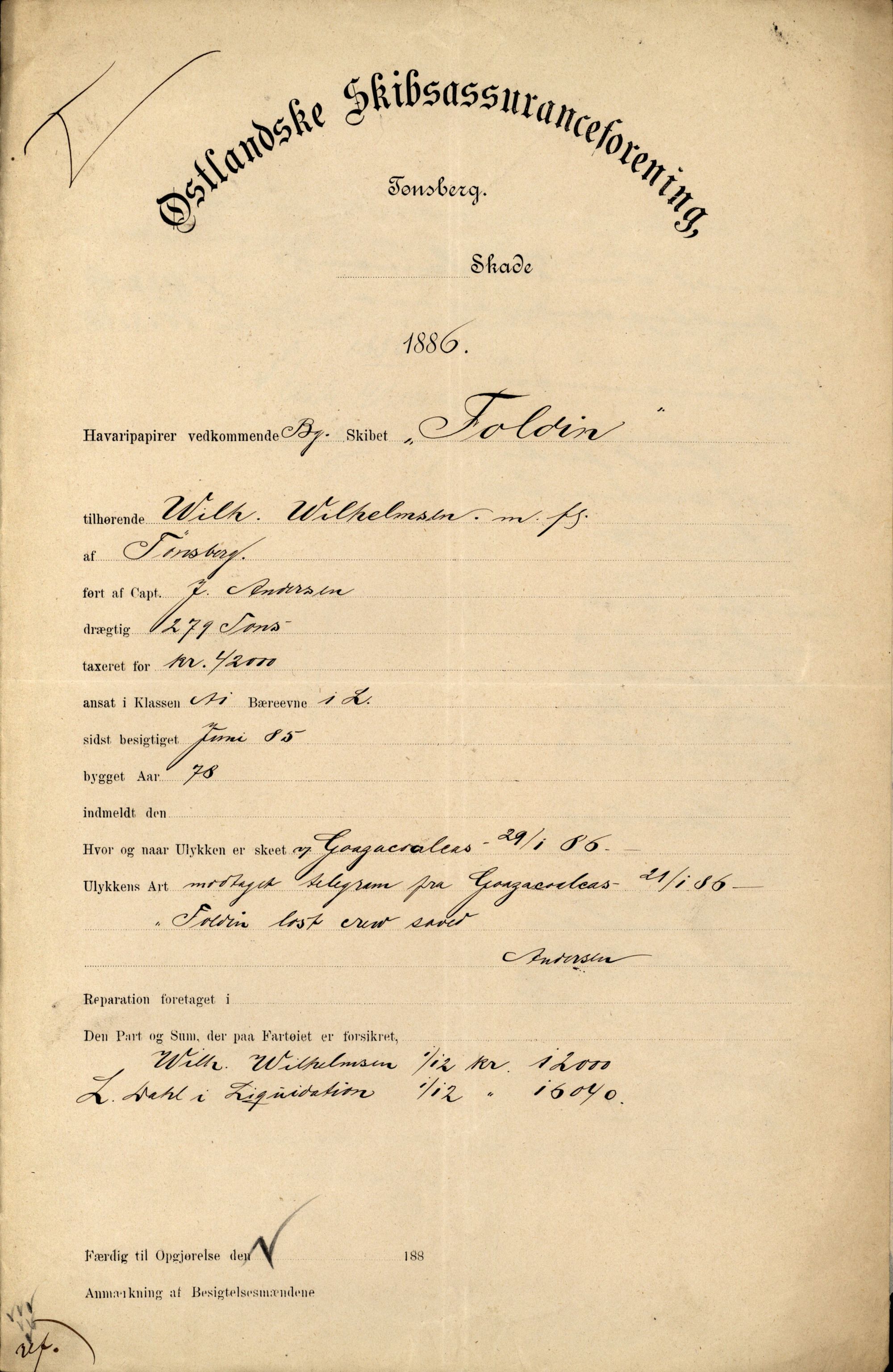 Pa 63 - Østlandske skibsassuranceforening, VEMU/A-1079/G/Ga/L0019/0007: Havaridokumenter / Flora, Foldin, Fix, Flora, Hast, Kvik, Pehr, 1886-1887, p. 4