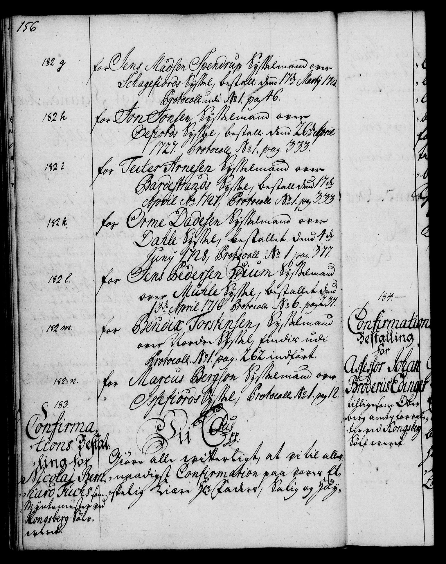Rentekammeret, Kammerkanselliet, RA/EA-3111/G/Gg/Ggg/L0001: Norsk konfirmasjonsbestallingsprotokoll med register (merket RK 53.31), 1731-1737, p. 156