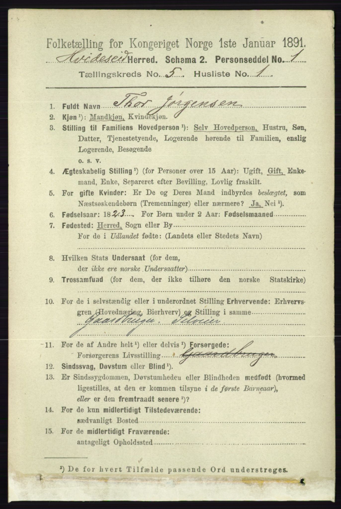 RA, 1891 census for 0829 Kviteseid, 1891, p. 907