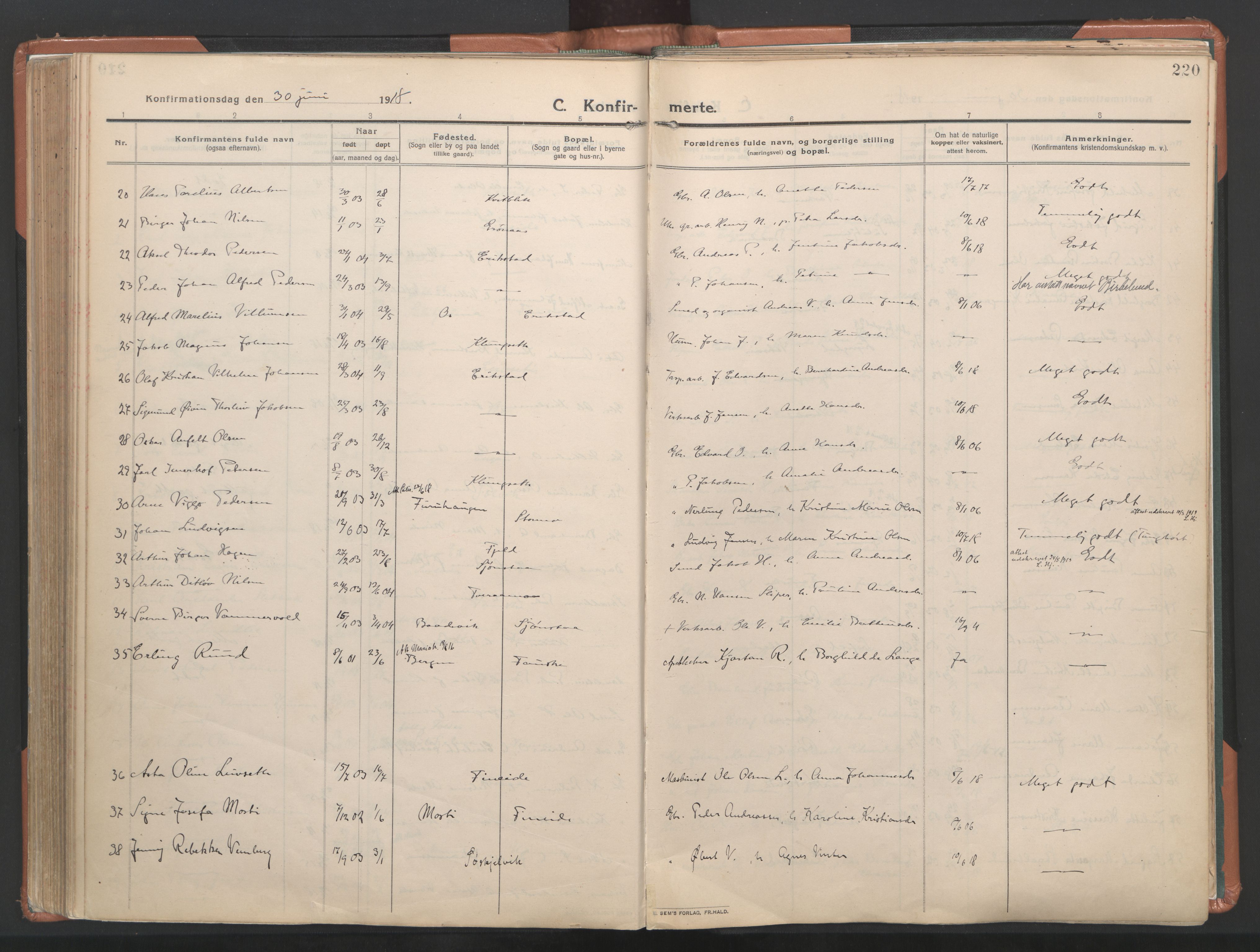 Ministerialprotokoller, klokkerbøker og fødselsregistre - Nordland, AV/SAT-A-1459/849/L0698: Parish register (official) no. 849A09, 1911-1924, p. 220