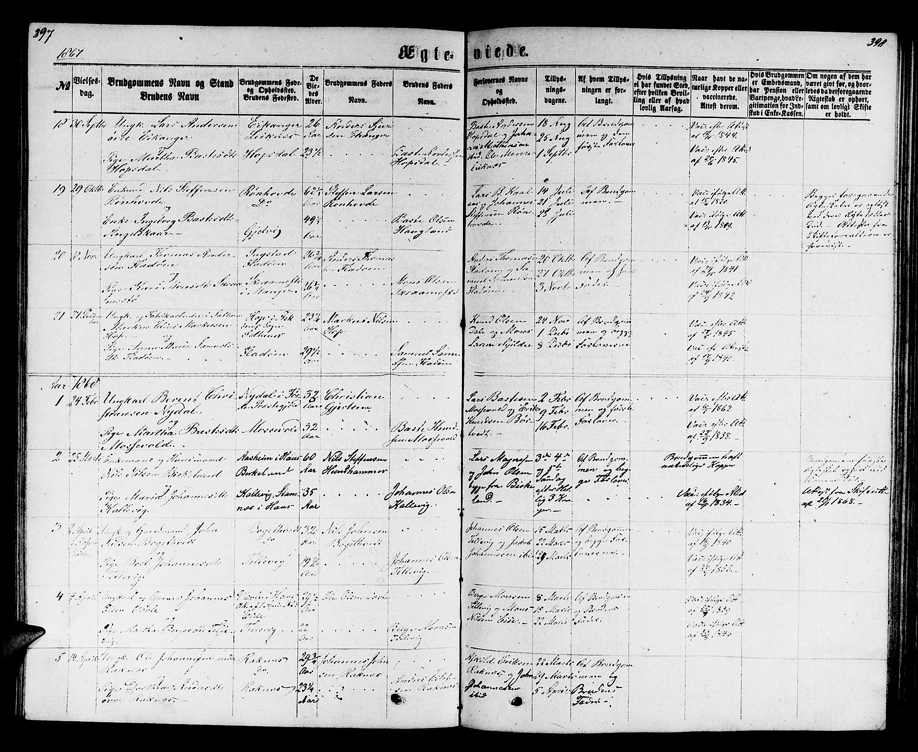 Hamre sokneprestembete, SAB/A-75501/H/Ha/Hab: Parish register (copy) no. B 2, 1863-1880, p. 397-398