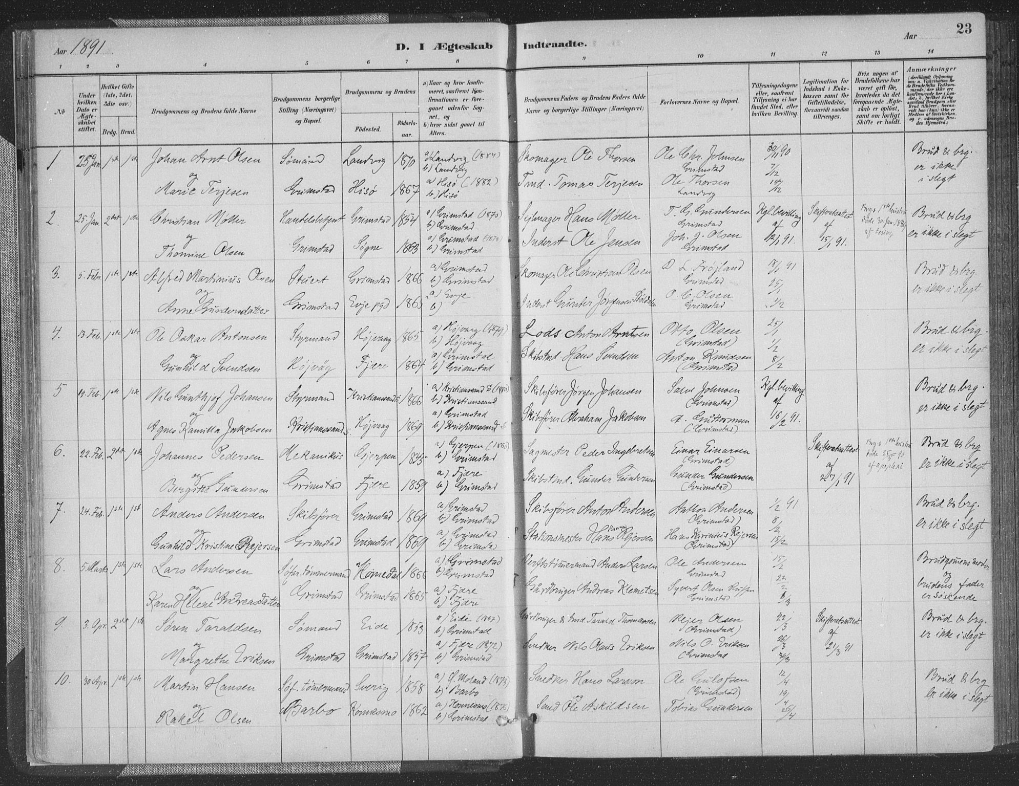 Grimstad sokneprestkontor, AV/SAK-1111-0017/F/Fa/L0004: Parish register (official) no. A 3, 1882-1910, p. 23