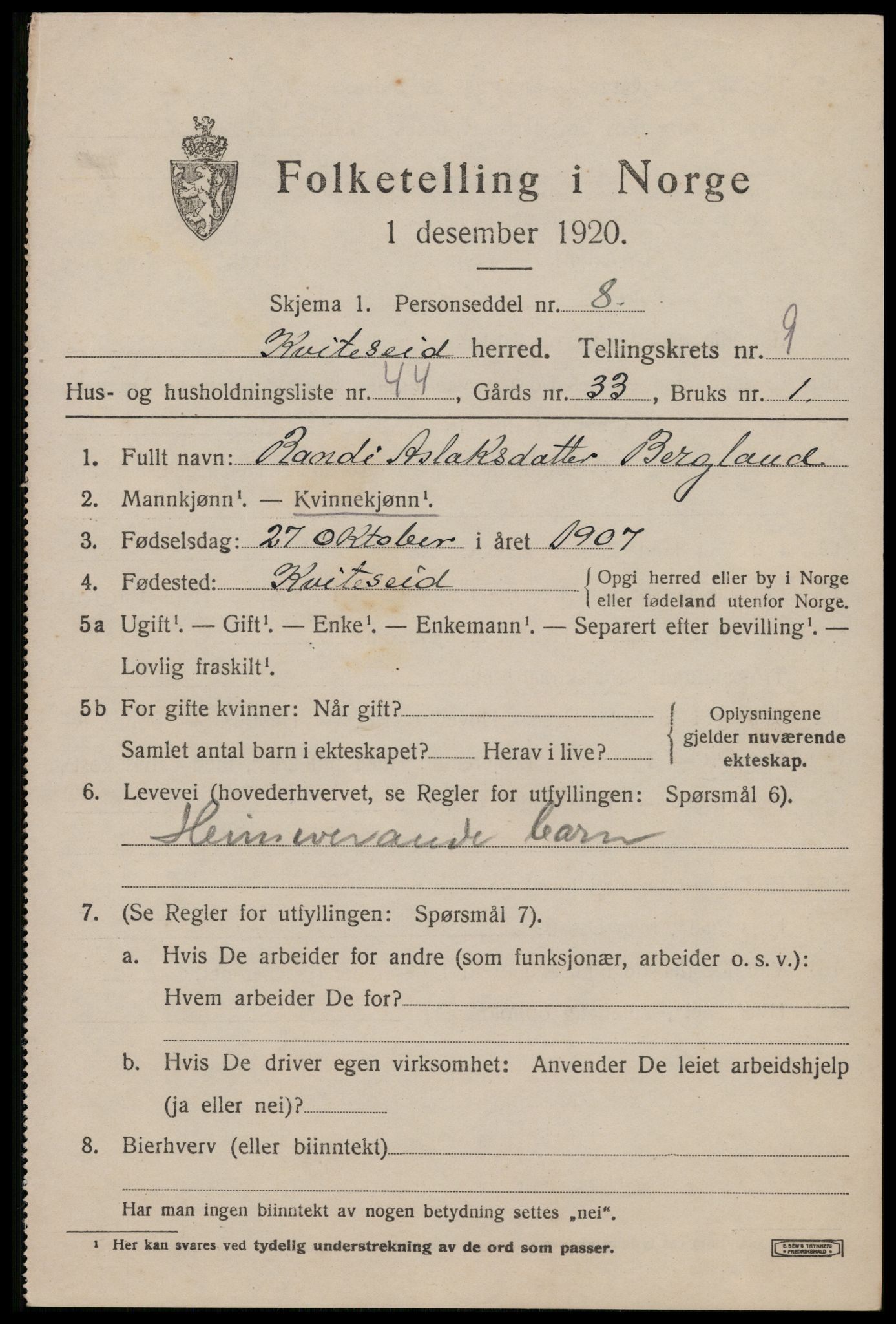 SAKO, 1920 census for Kviteseid, 1920, p. 4663