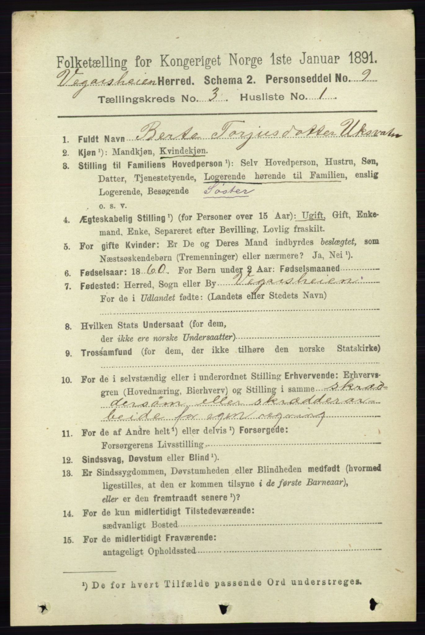 RA, 1891 census for 0912 Vegårshei, 1891, p. 627