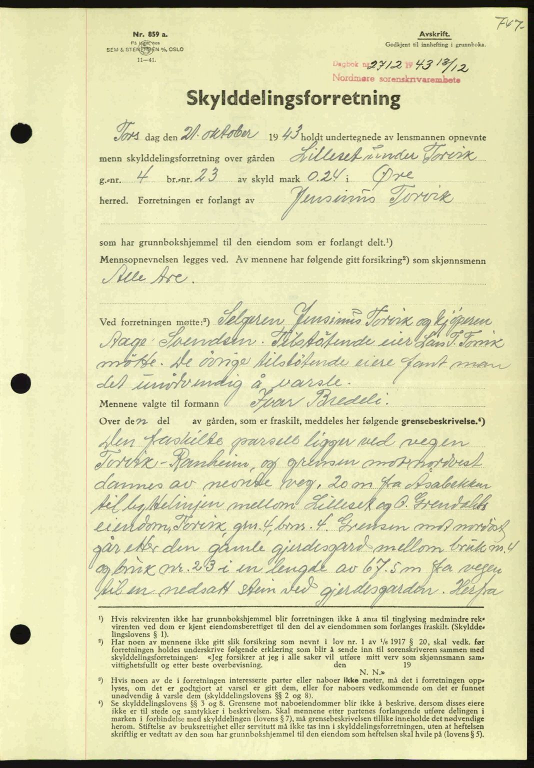 Nordmøre sorenskriveri, SAT/A-4132/1/2/2Ca: Mortgage book no. A96, 1943-1944, Diary no: : 2712/1943