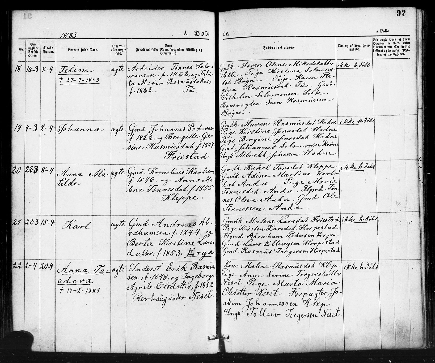 Klepp sokneprestkontor, AV/SAST-A-101803/001/3/30BA/L0006: Parish register (official) no. A 6, 1871-1885, p. 92