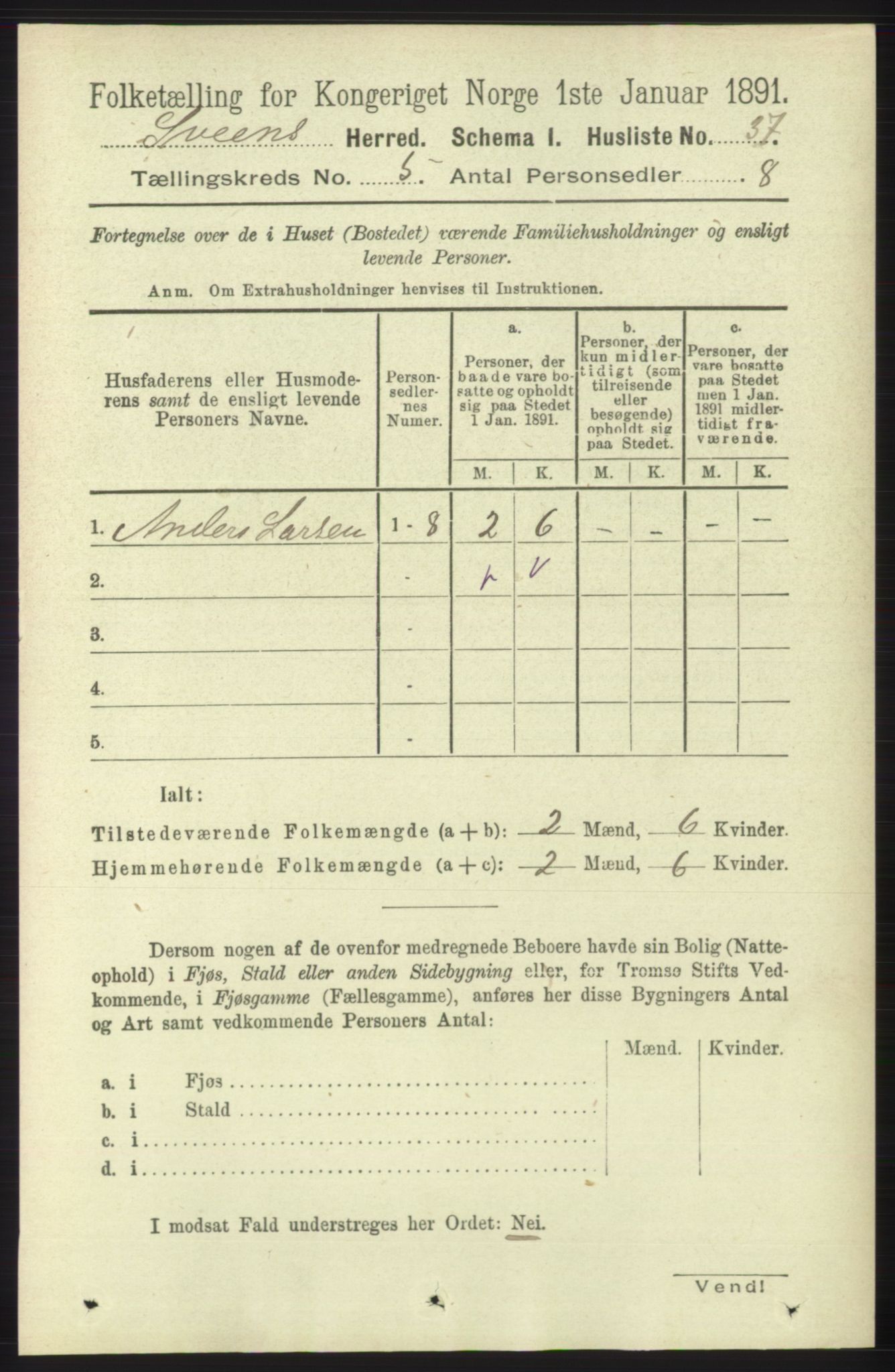 RA, 1891 census for 1216 Sveio, 1891, p. 1447