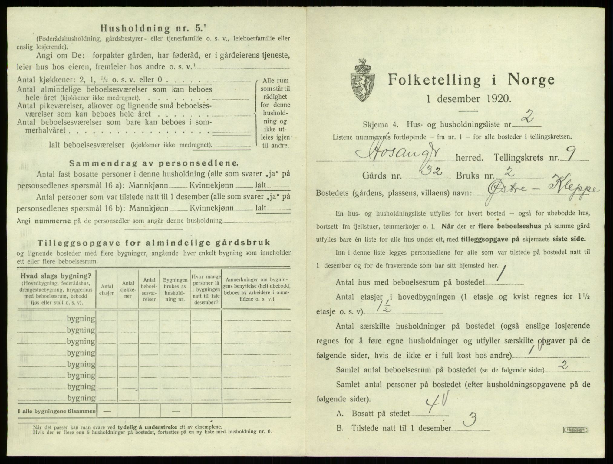 SAB, 1920 census for Hosanger, 1920, p. 491