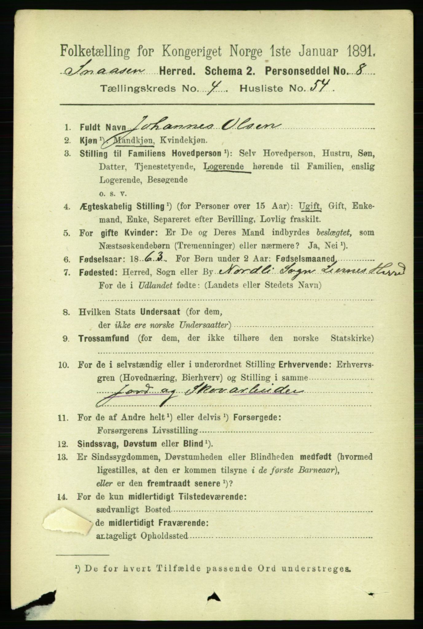 RA, 1891 census for 1736 Snåsa, 1891, p. 1410