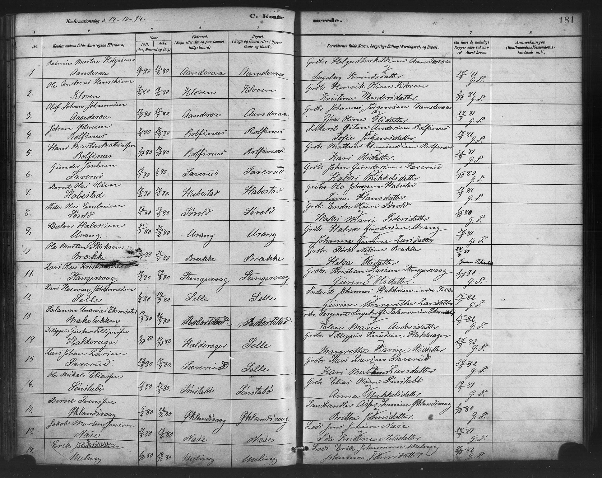 Finnås sokneprestembete, SAB/A-99925/H/Ha/Haa/Haac/L0001: Parish register (official) no. C 1, 1881-1894, p. 181