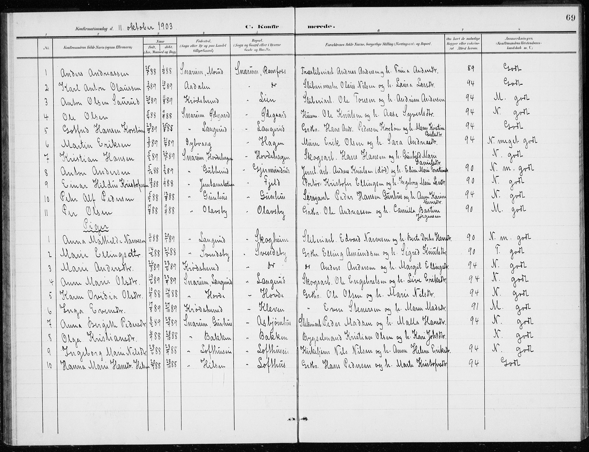 Modum kirkebøker, AV/SAKO-A-234/G/Gd/L0001: Parish register (copy) no. IV 1, 1901-1921, p. 69