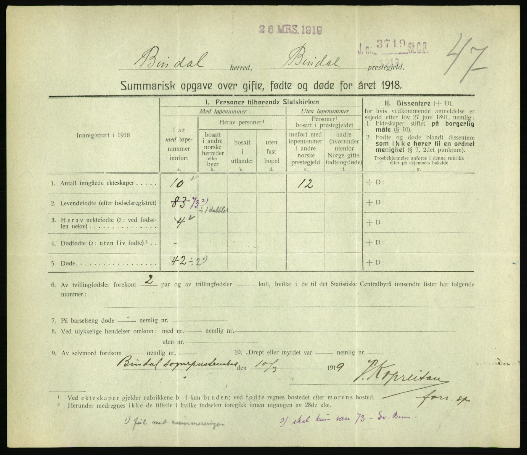 Statistisk sentralbyrå, Sosiodemografiske emner, Befolkning, RA/S-2228/D/Df/Dfb/Dfbh/L0059: Summariske oppgaver over gifte, fødte og døde for hele landet., 1918, p. 1465