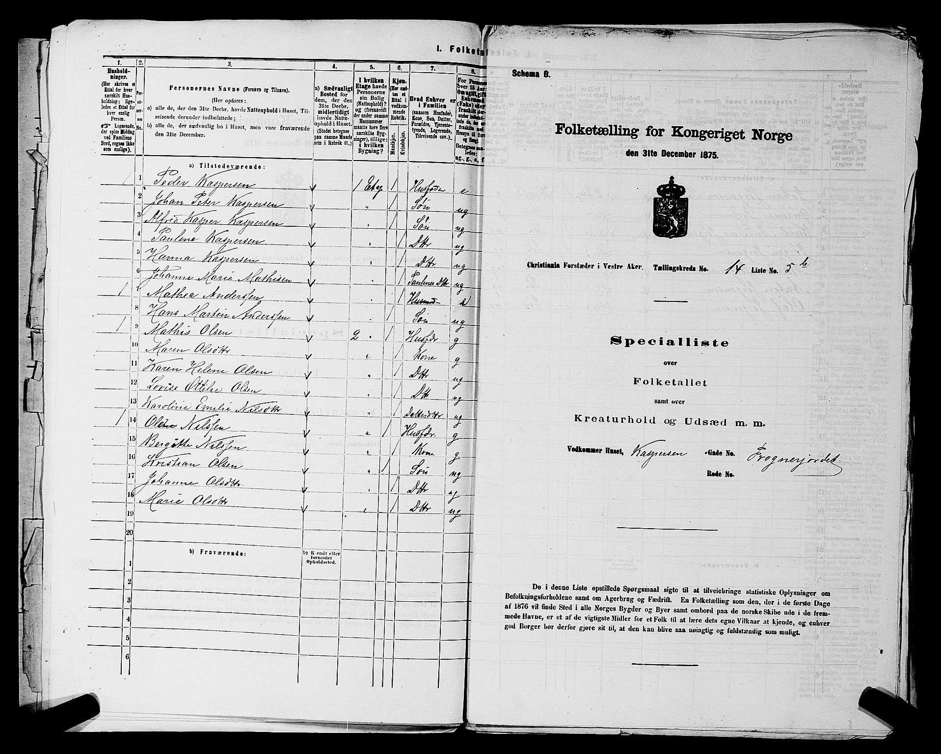 RA, 1875 census for 0218aP Vestre Aker, 1875, p. 2241