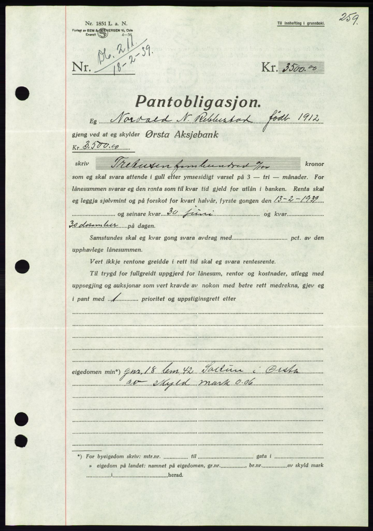 Søre Sunnmøre sorenskriveri, AV/SAT-A-4122/1/2/2C/L0067: Mortgage book no. 61, 1938-1939, Diary no: : 211/1939