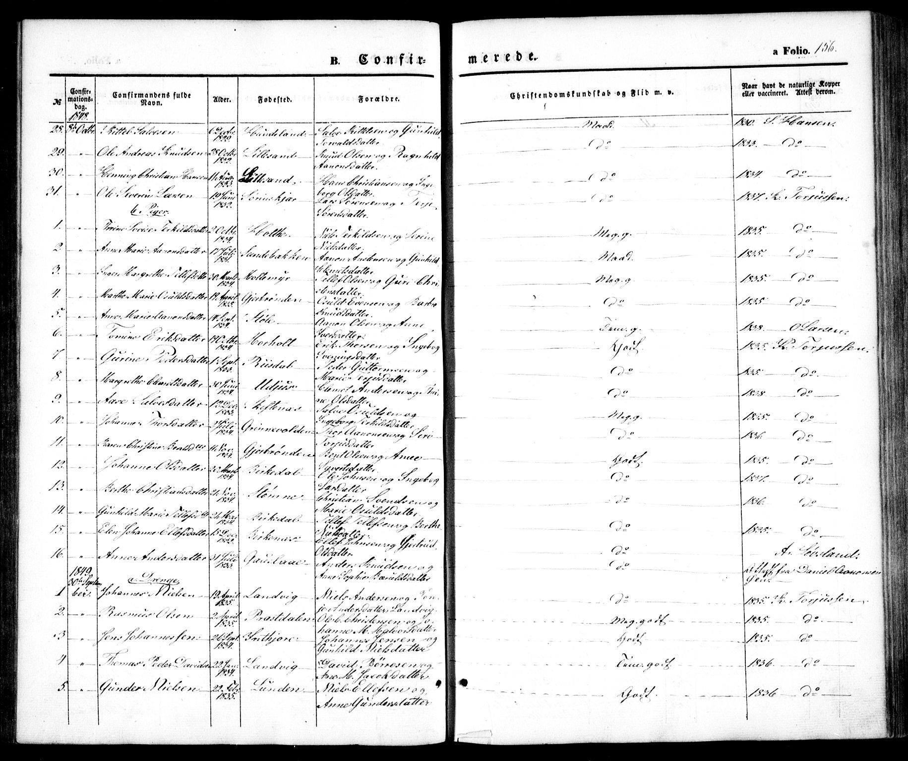 Hommedal sokneprestkontor, AV/SAK-1111-0023/F/Fa/Fab/L0004: Parish register (official) no. A 4, 1848-1860, p. 156