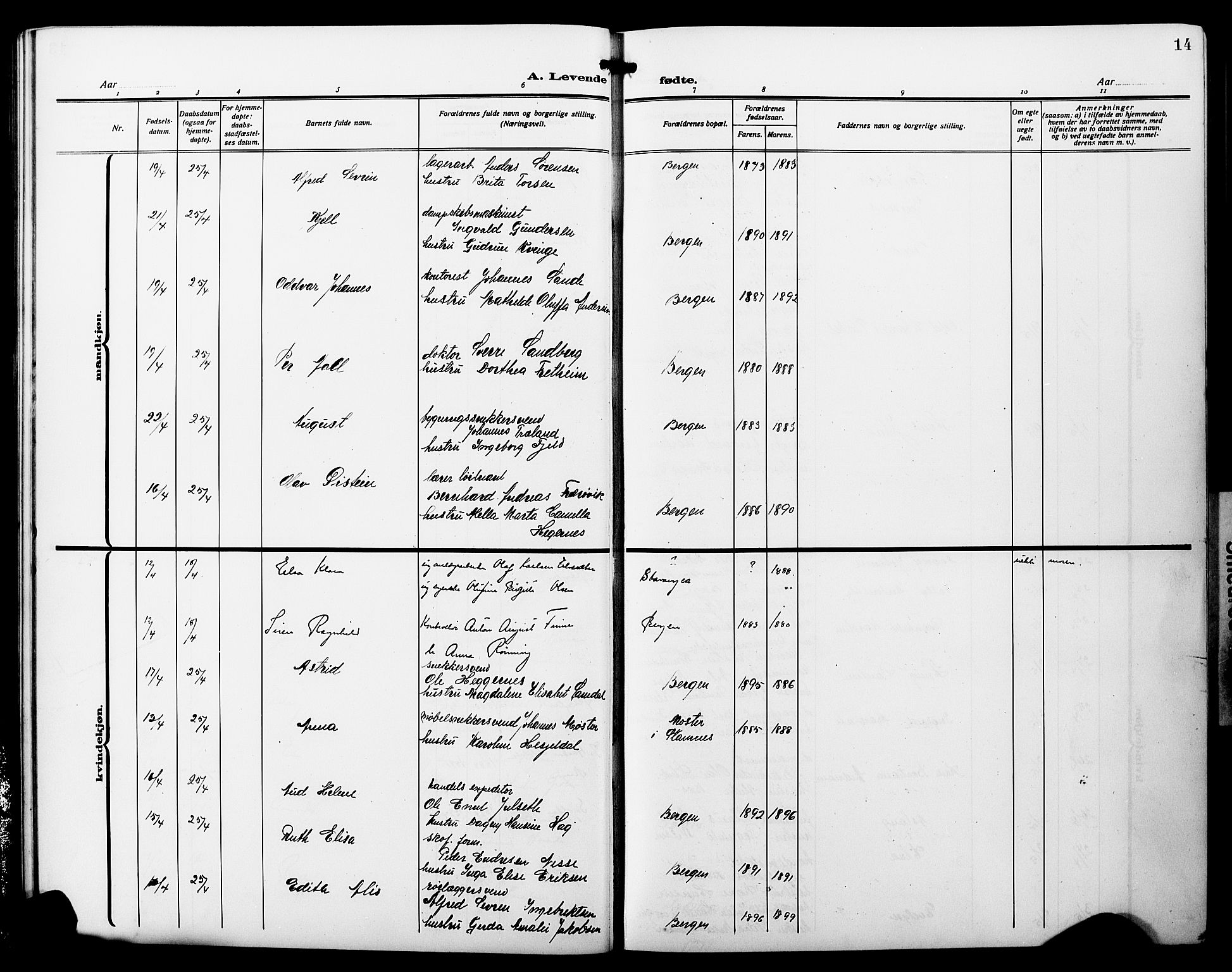 Fødselsstiftelsens sokneprestembete*, SAB/-: Parish register (copy) no. A 3, 1916-1925, p. 14