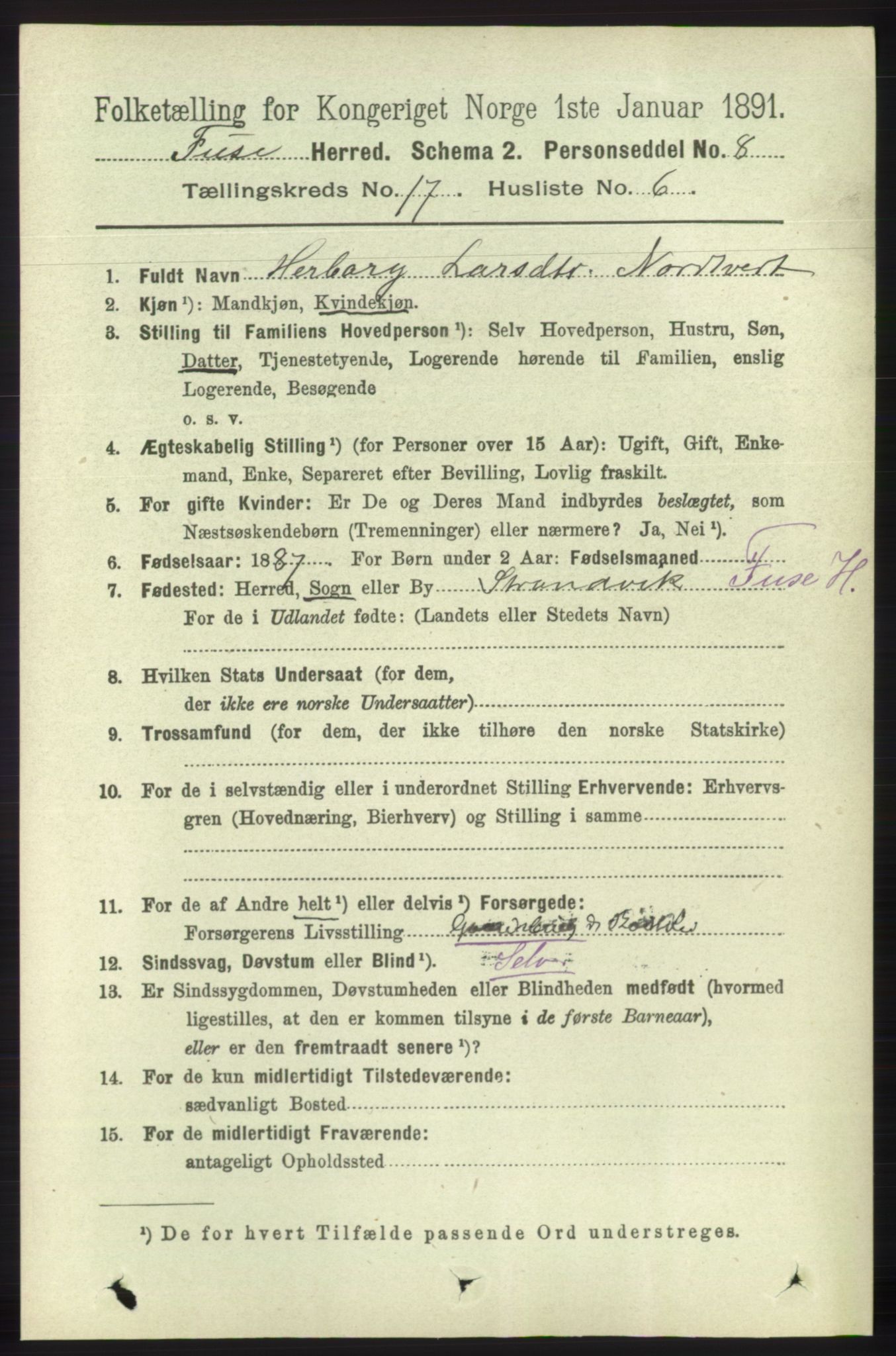 RA, 1891 census for 1241 Fusa, 1891, p. 3845