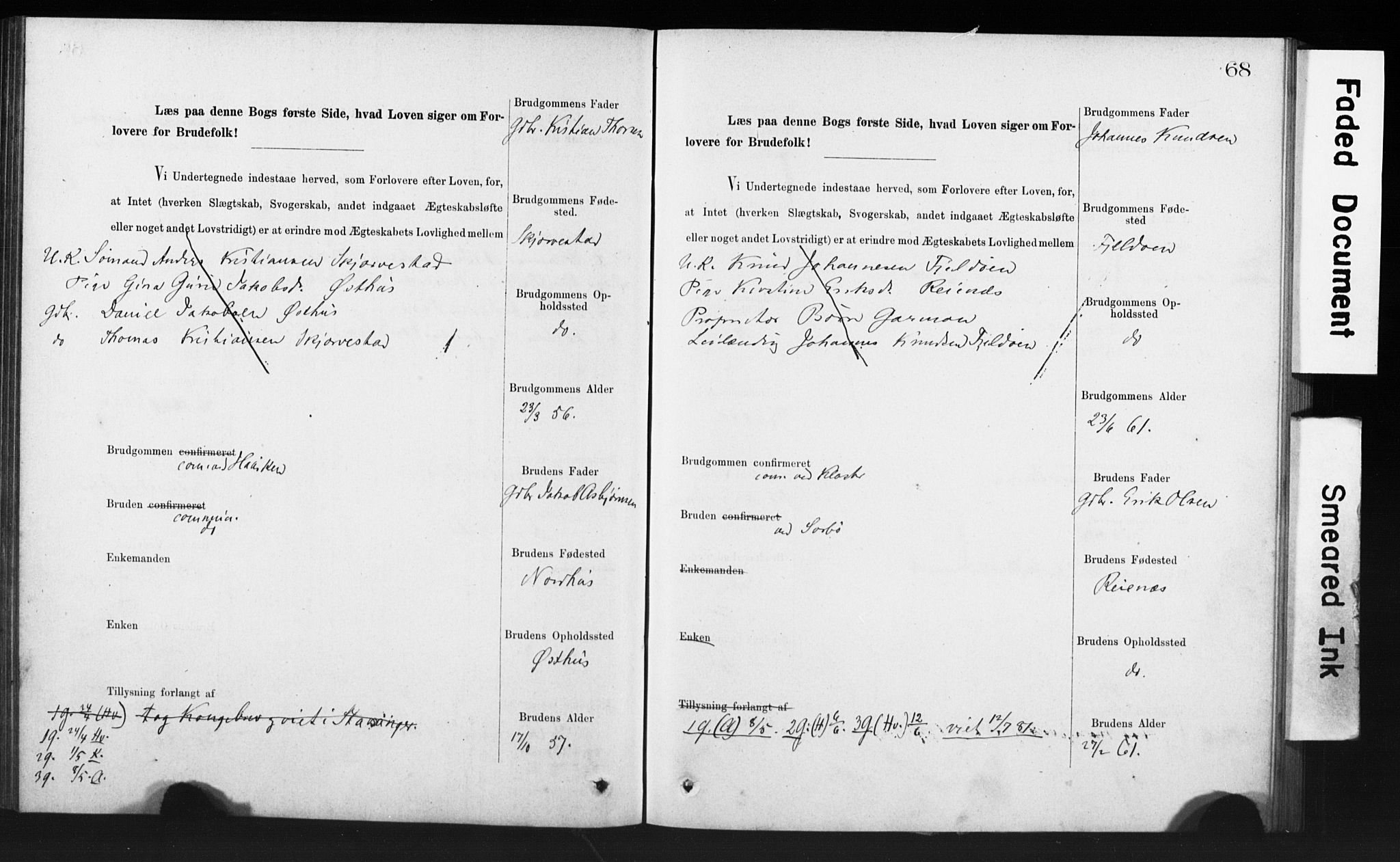 Rennesøy sokneprestkontor, AV/SAST-A -101827/I/Ie/L0001: Banns register no. 1, 1873-1898, p. 68