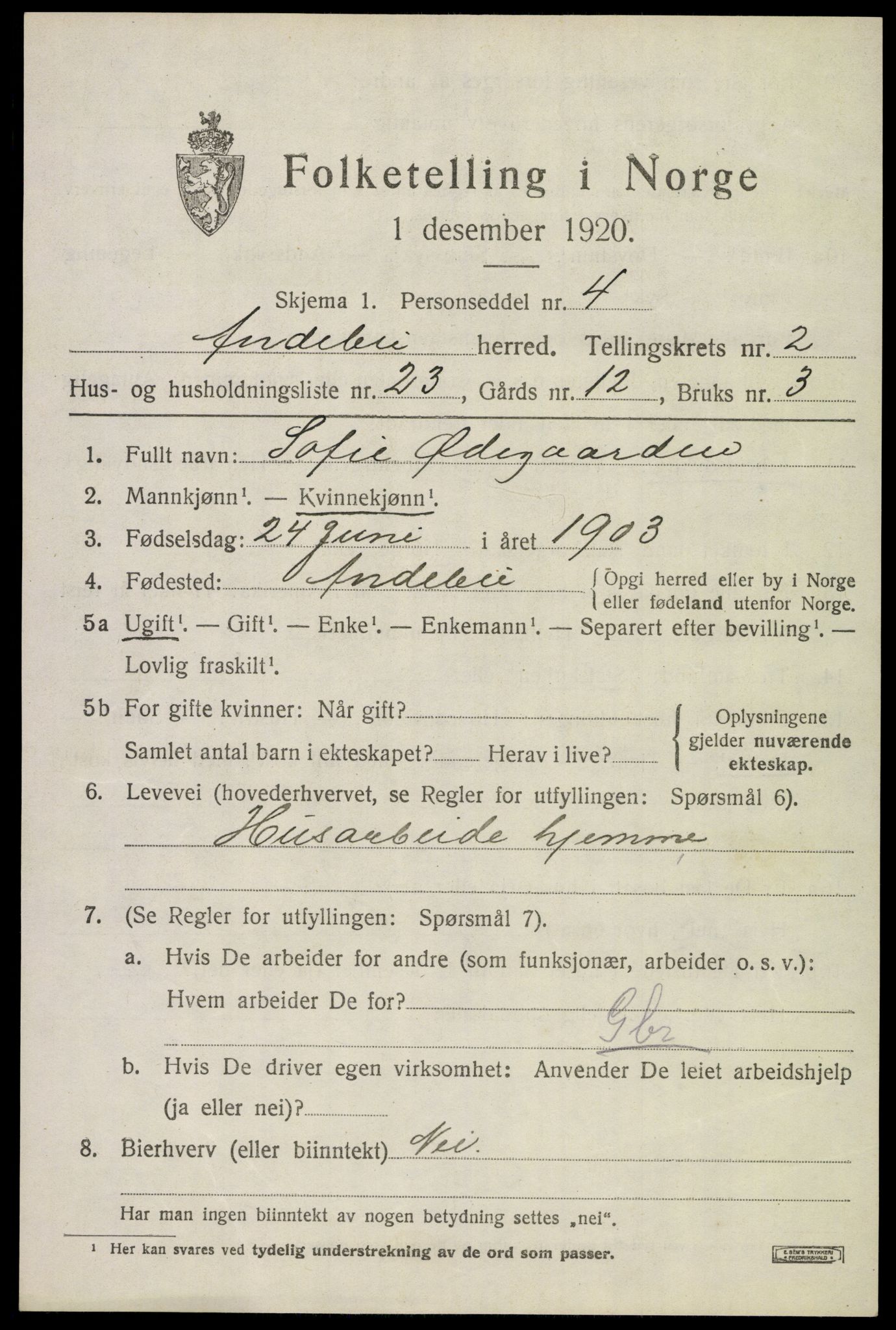 SAKO, 1920 census for Andebu, 1920, p. 1812