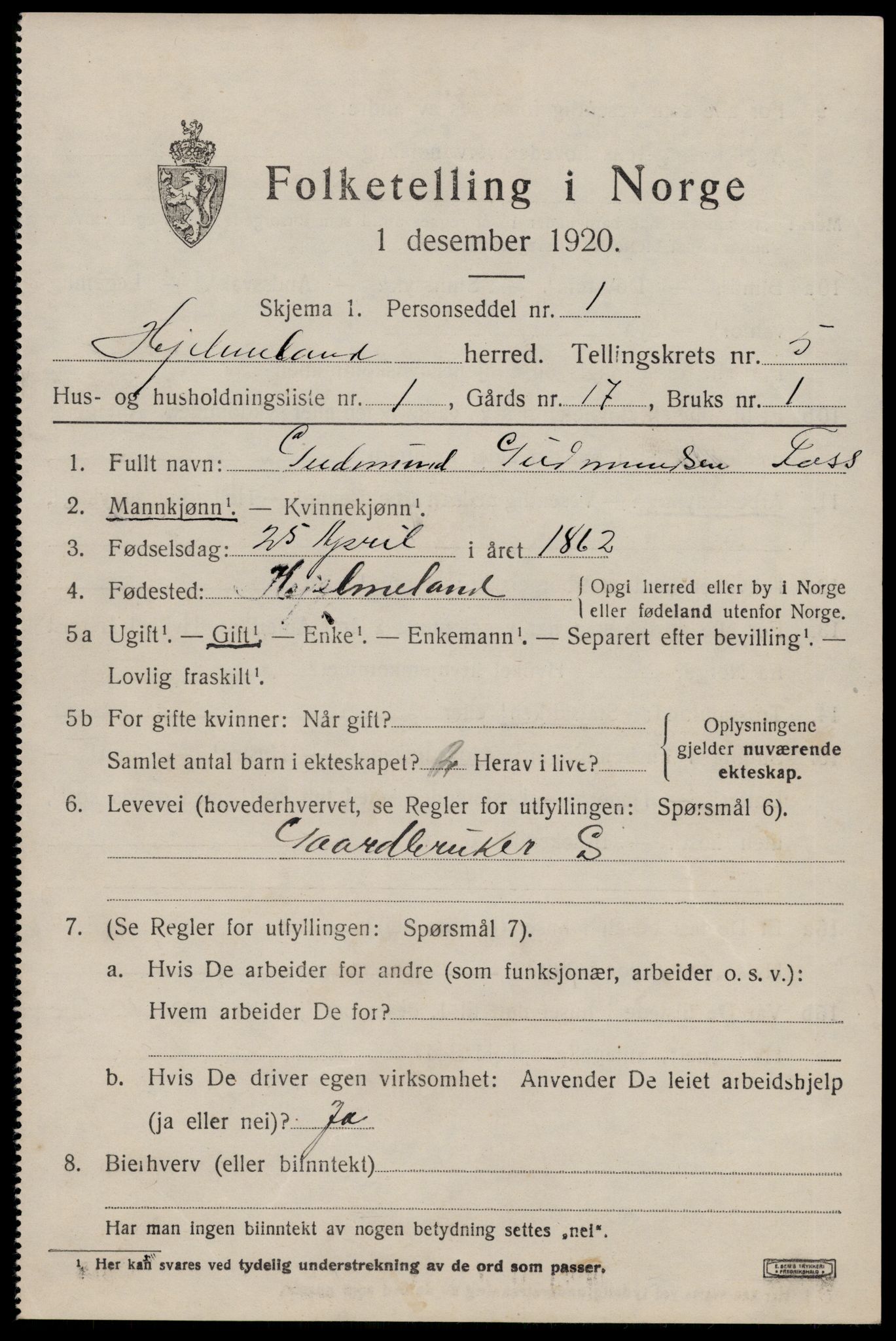 SAST, 1920 census for Hjelmeland, 1920, p. 1815