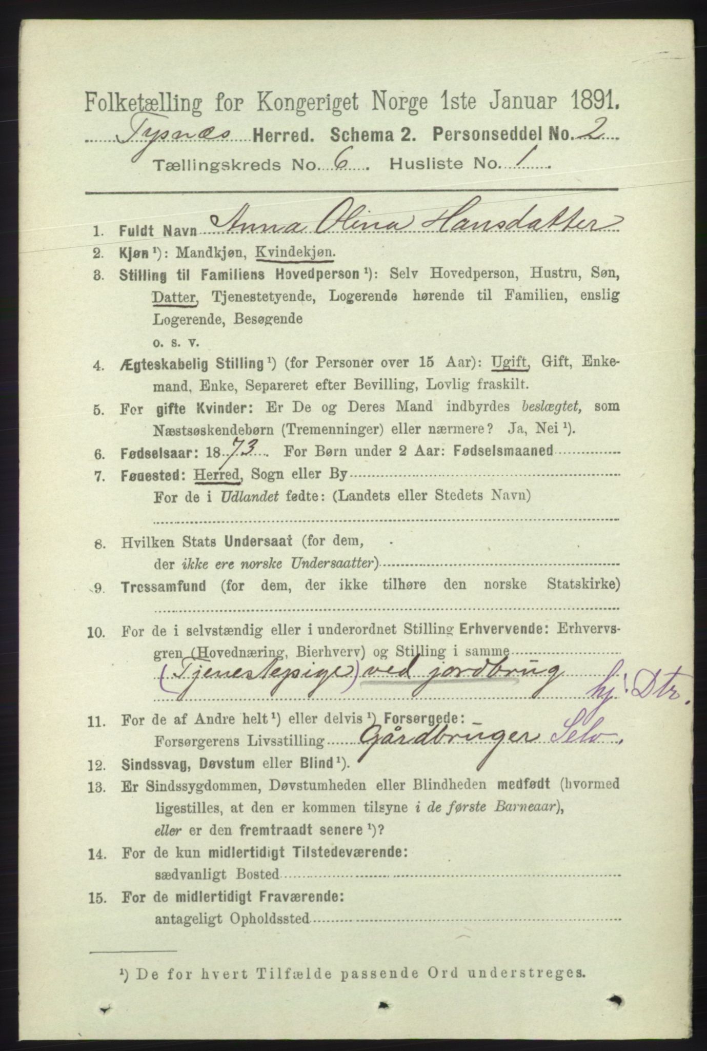 RA, 1891 census for 1223 Tysnes, 1891, p. 2371