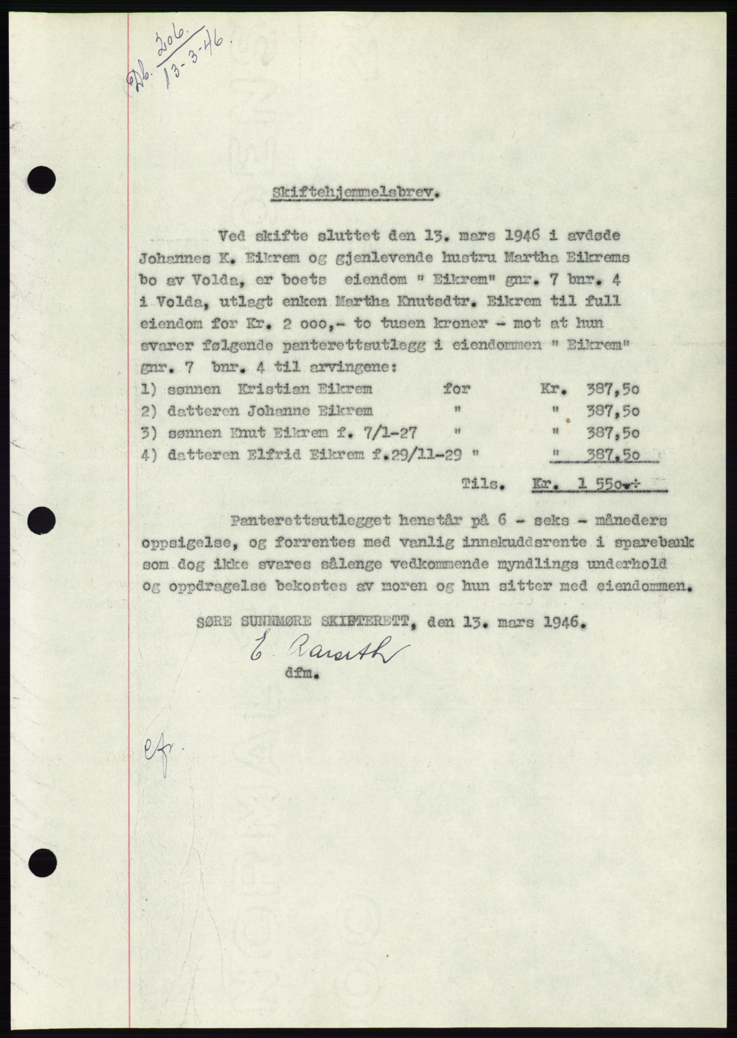 Søre Sunnmøre sorenskriveri, AV/SAT-A-4122/1/2/2C/L0078: Mortgage book no. 4A, 1946-1946, Diary no: : 206/1946