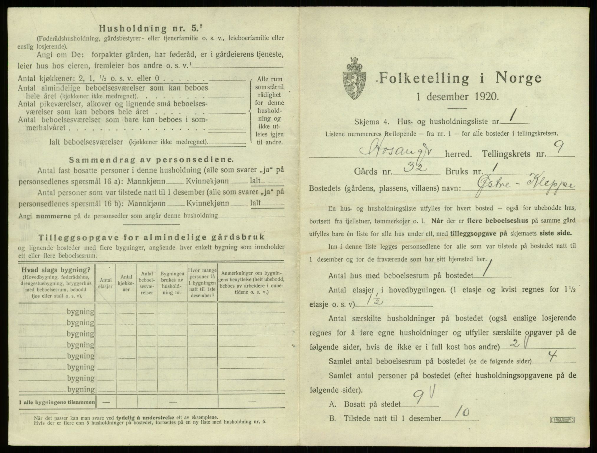 SAB, 1920 census for Hosanger, 1920, p. 489