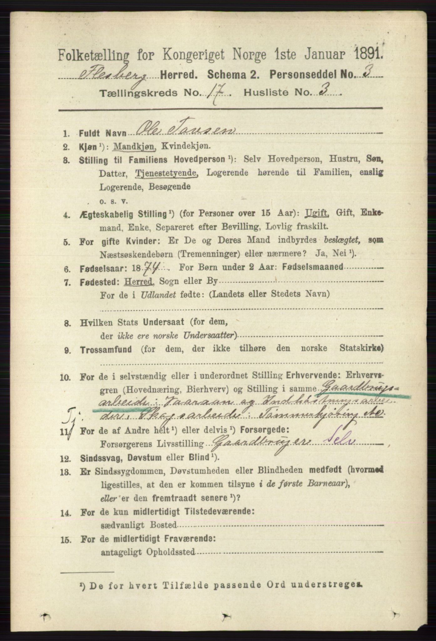 RA, 1891 census for 0631 Flesberg, 1891, p. 2998