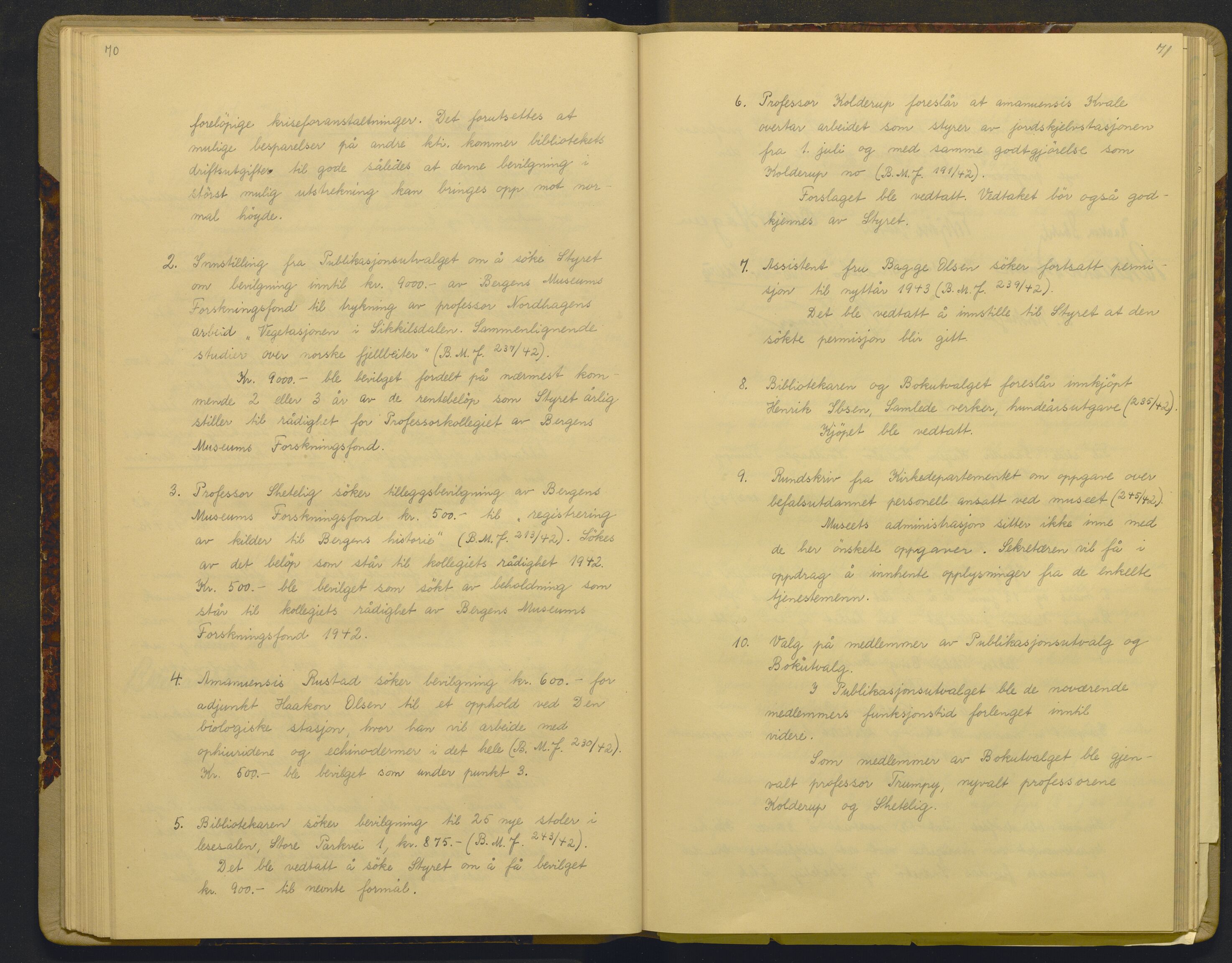 Bergens Museum, AV/SAB-A-17301/18/A/L0003: Professorkollegiets forhandlingsprotokoll med register , 1939-1944, p. 70-71