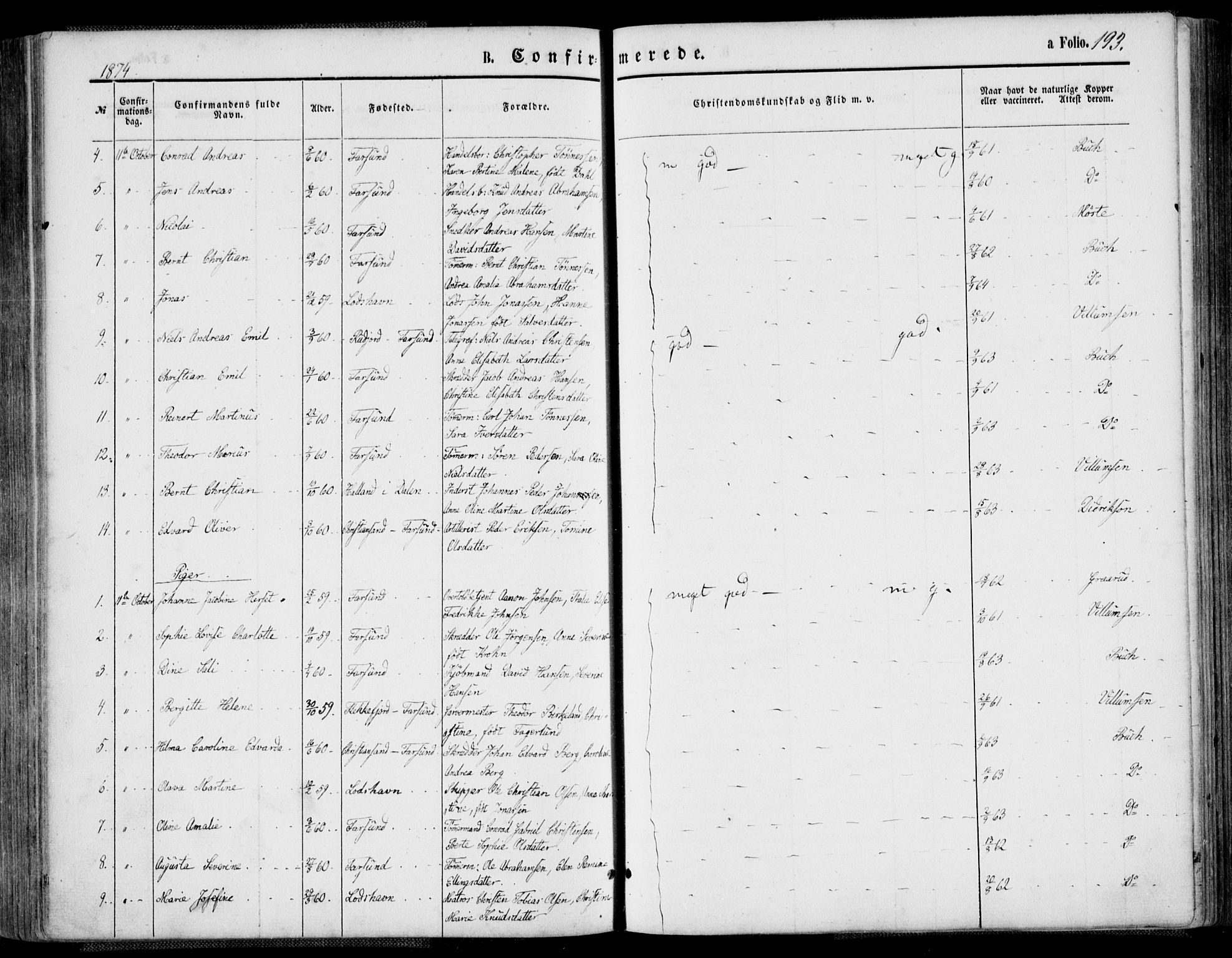Farsund sokneprestkontor, SAK/1111-0009/F/Fa/L0005: Parish register (official) no. A 5, 1863-1886, p. 193