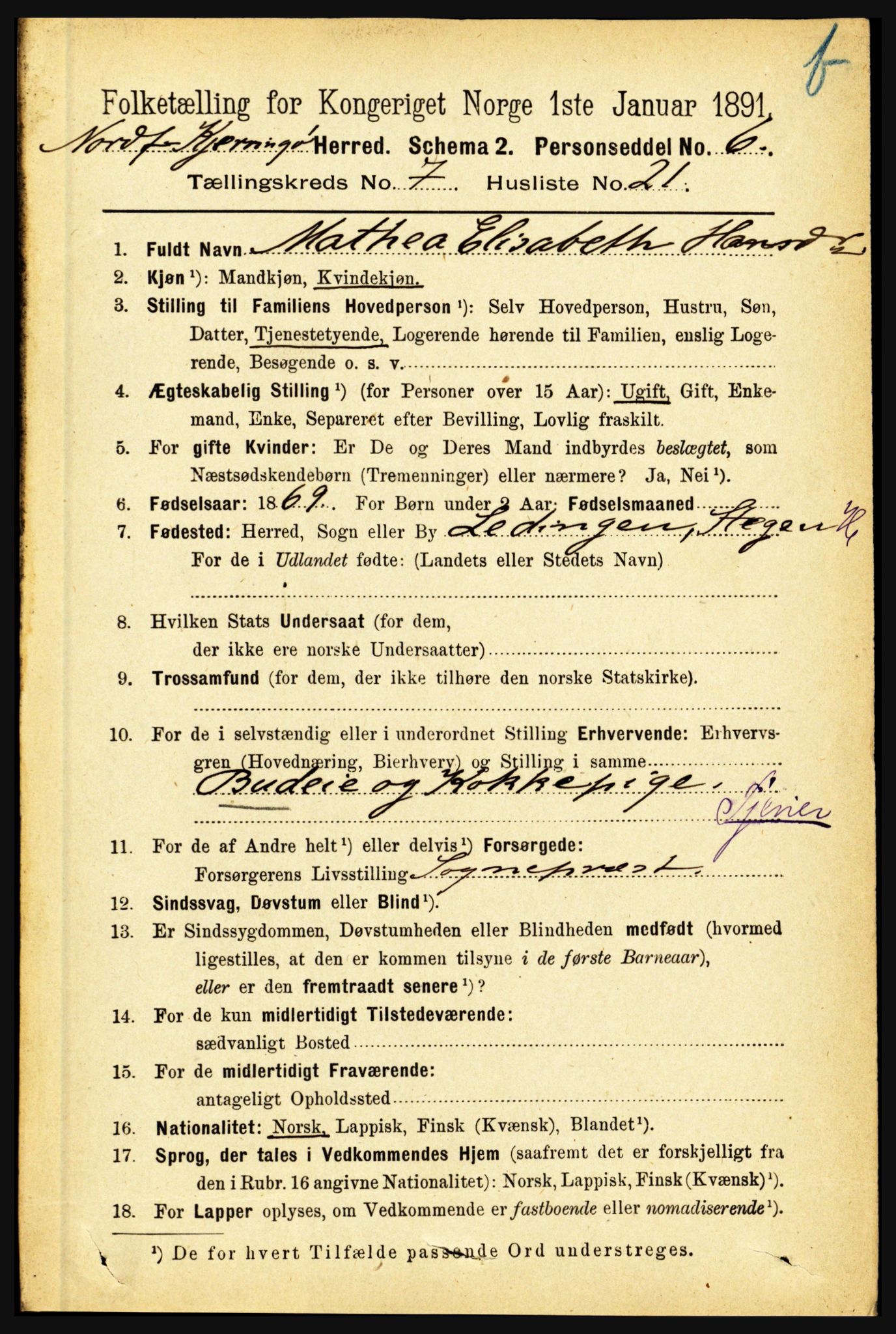 RA, 1891 census for 1846 Nordfold-Kjerringøy, 1891, p. 1911