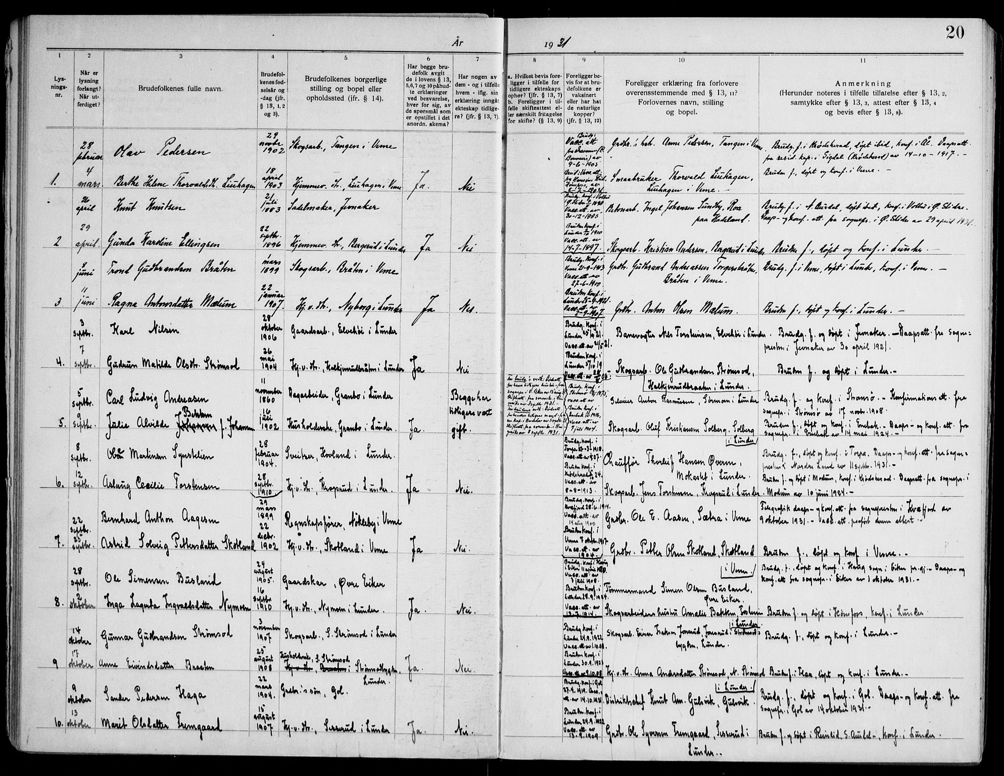 Lunder kirkebøker, AV/SAKO-A-629/H/Ha/L0002: Banns register no. 2, 1919-1969, p. 20