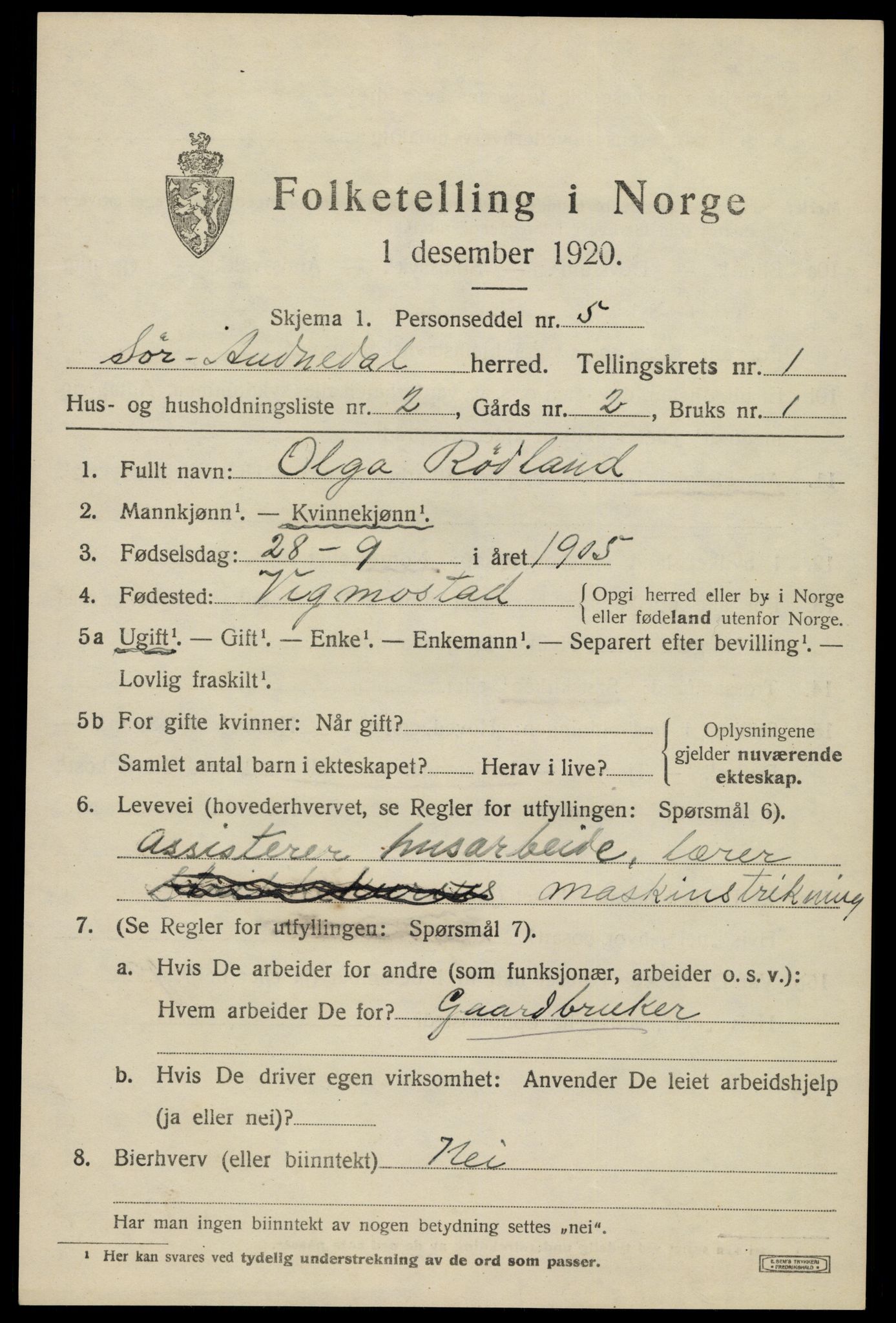 SAK, 1920 census for Sør-Audnedal, 1920, p. 1473