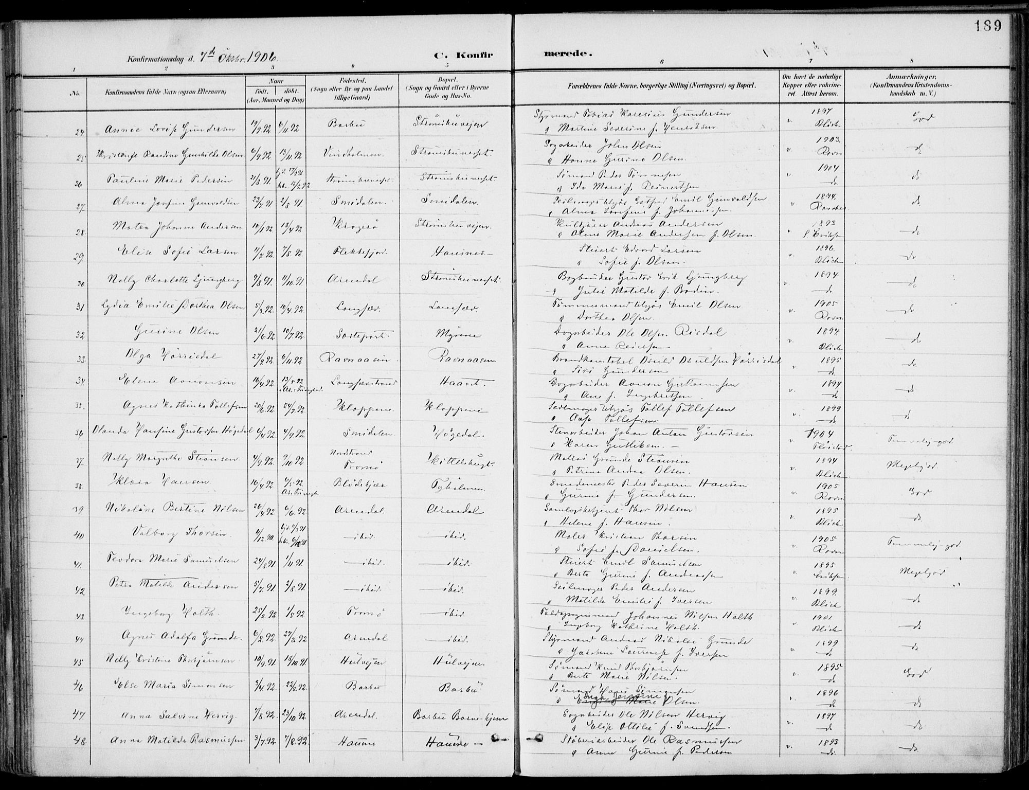 Barbu sokneprestkontor, AV/SAK-1111-0003/F/Fa/L0005: Parish register (official) no. A 5, 1899-1909, p. 189