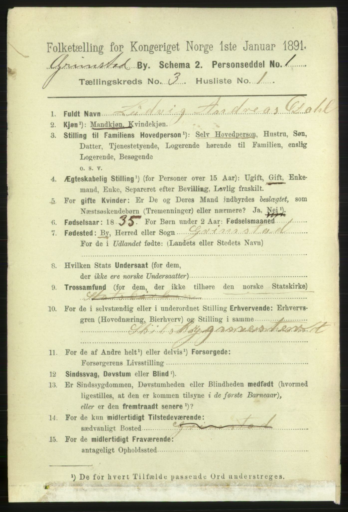 RA, 1891 census for 0904 Grimstad, 1891, p. 1996