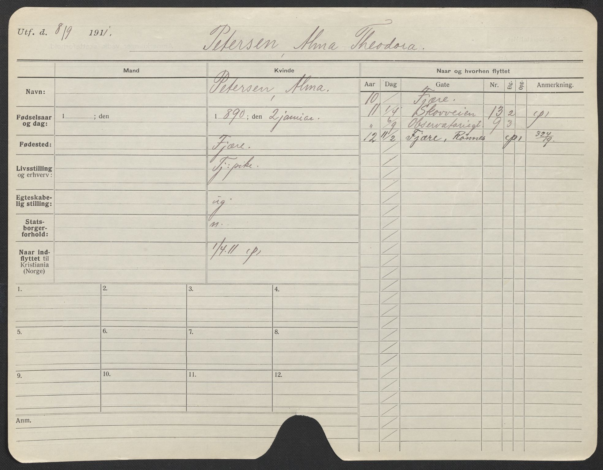 Oslo folkeregister, Registerkort, SAO/A-11715/F/Fa/Fac/L0022: Kvinner, 1906-1914, p. 904a