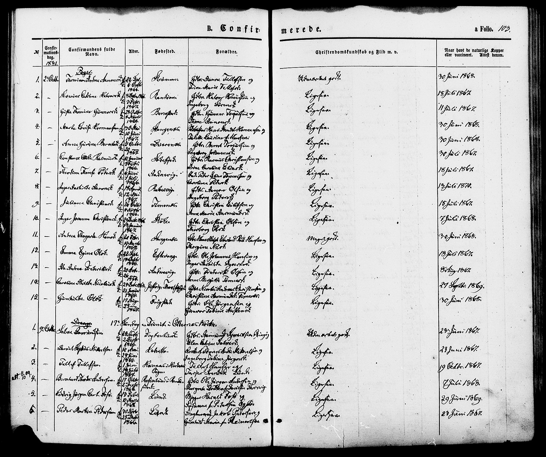 Oddernes sokneprestkontor, AV/SAK-1111-0033/F/Fa/Fab/L0001: Parish register (official) no. A 1, 1865-1884, p. 103